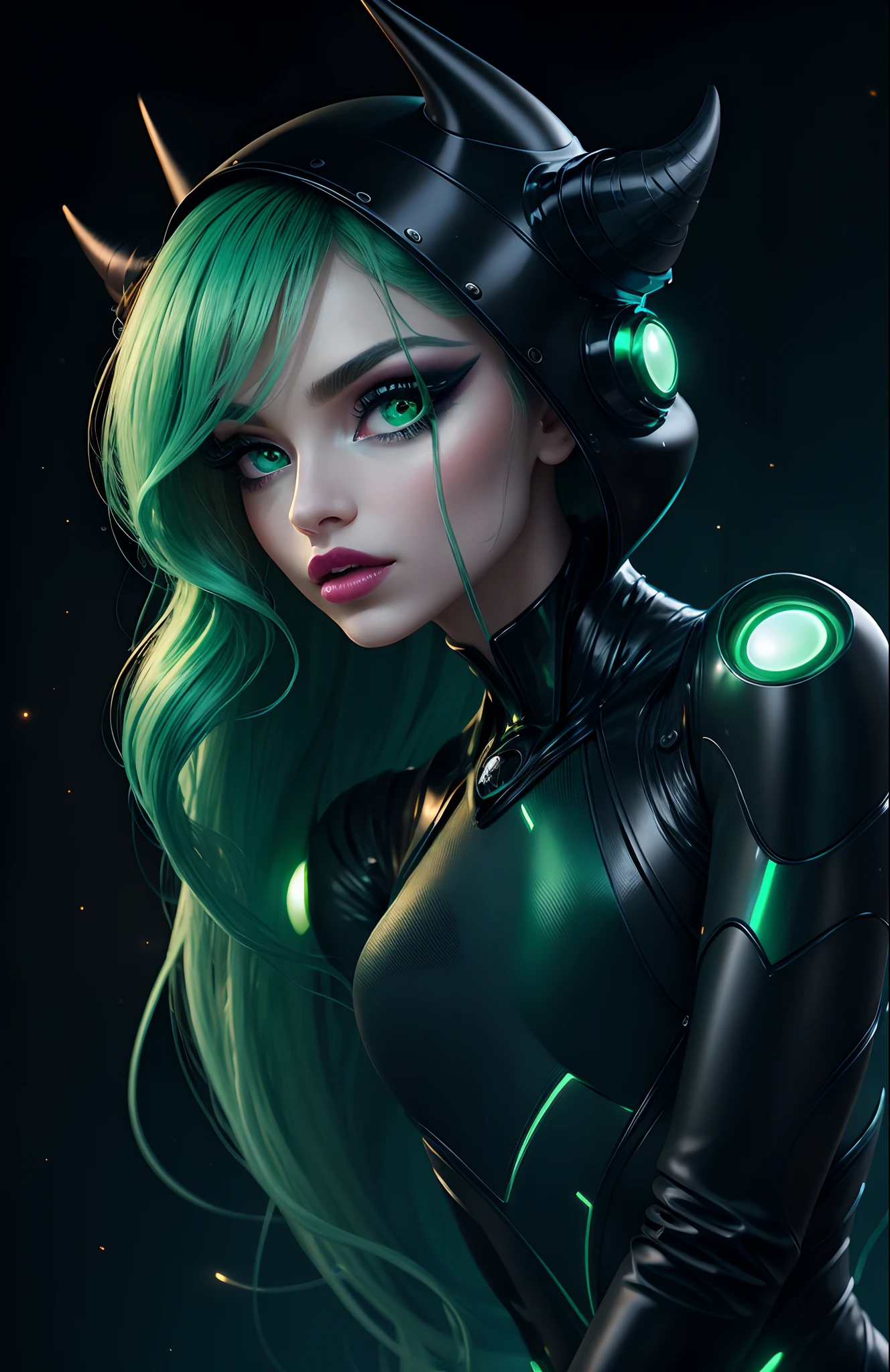 Beautiful green alien woman with green peel, looking into the camera, very long windy wavy cyan luminescent hair, three quarter face, extra big lovely eyes with black liner extra strong and extra ordinary very long eyelashes, bewitching look, slightly tilted head, little blue horns on the head, dark green complexion, silk peel, sweet feel, lovely, intende make-up, cosmesi, mascara, pink lips. In the background avveniristic urban extraterrestrial city. Vivid. Advertisement. Extremely photorealistic.