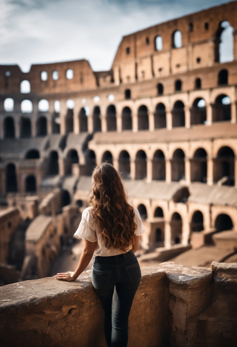 Realistic Woman Brown Hair Aduler Age  Background Rome Colosseum