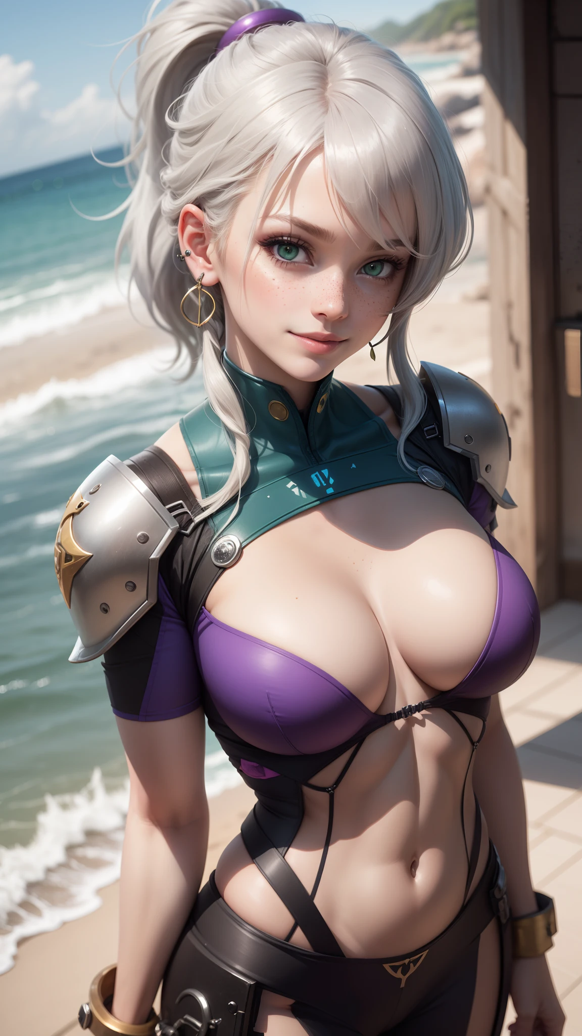 gwen tennyson,y'shtola rhul,elsa,samus, 1girl,atelier ryza,overwatch,close up, mecha pilot,ocean view,tattoos,purple and silver plugsuit,white short sleeve lycra top,steel cargo pants,uncovered belly,short saiyan ponytail hair,cute makeup,green eyes,dimensional golden hair,shy smile, freckles,beautiful girl,large breasts,8k,ultra detailed,realistic,fantasy art,saiyan armor,cyborg armor,steel armor,harbor shore,military uniform,ear piercings,hair pin,super saiyan girl,saiyan female,portrait close up,