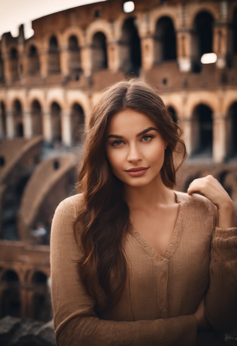 Perfect Woman Brown Hair Aduler Age 16 Years Old Background Rome Colosseum