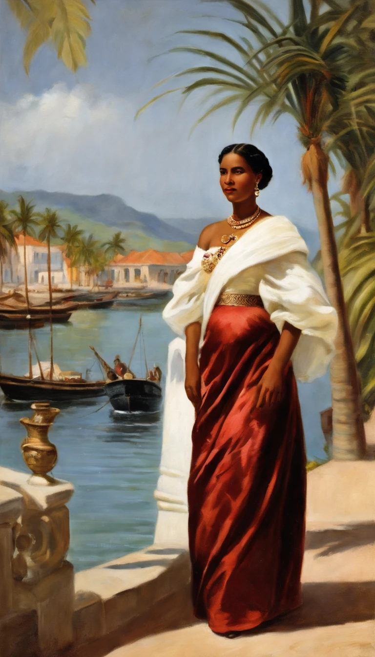 Ranavalona III, the last queen of Madagascar, blasian , embarquant depuis le port de Tamatave en 1897. She is surrounded by her sister and pregnant niece, ready to leave Madagascar for Reunion Island. L'ambiance est lourde, and the harbour is bustling with merchants and boats. Image Quality : 4K.