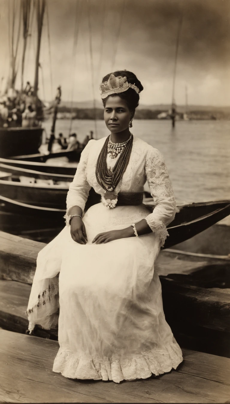 Ranavalona III, the last queen of Madagascar, blasian , embarquant depuis le port de Tamatave en 1897. She is surrounded by her sister and pregnant niece, ready to leave Madagascar for Reunion Island. L'ambiance est lourde, and the harbour is bustling with merchants and boats. Image Quality : 4K.