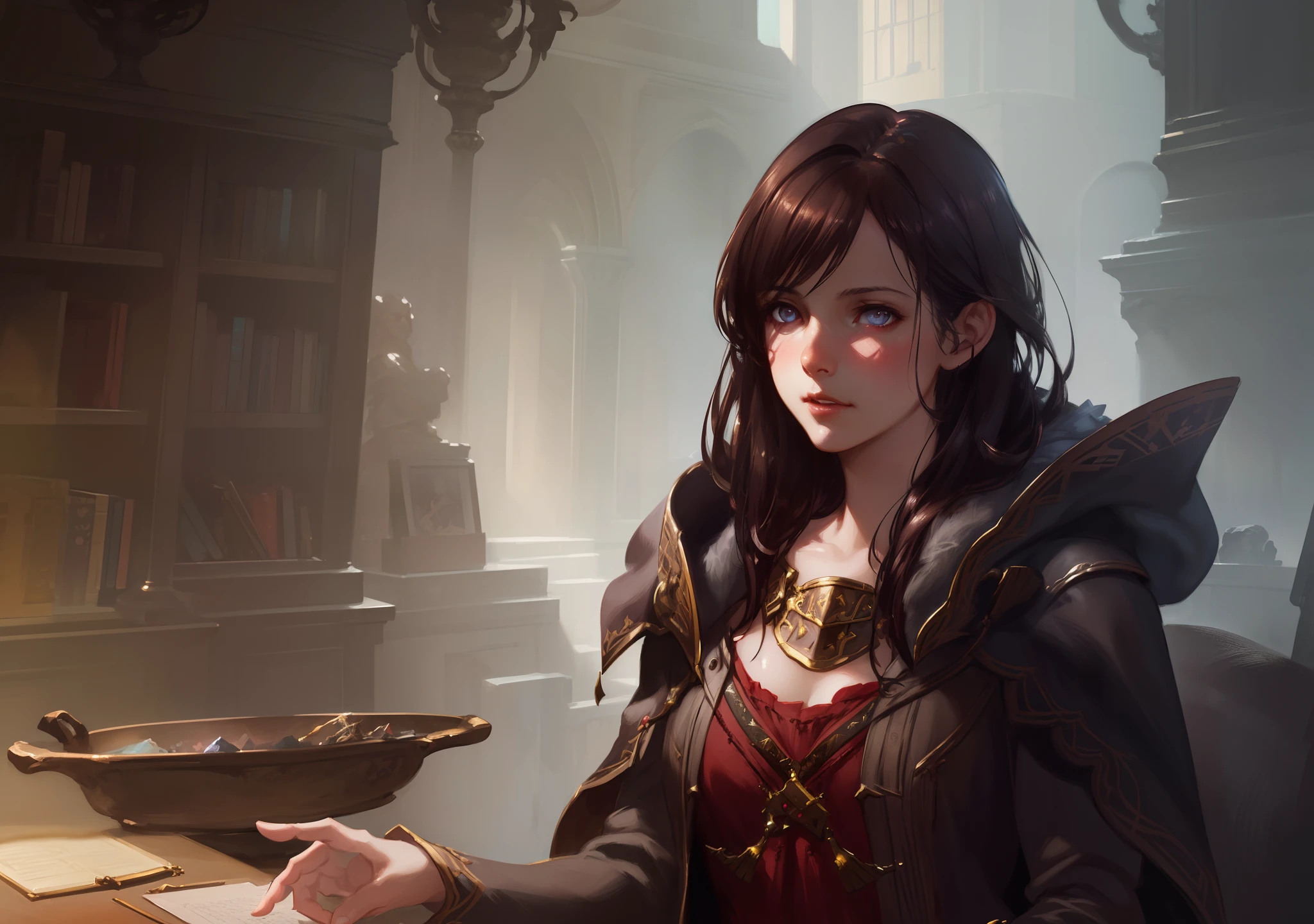 portrait of young woman, dark hair , detailed eyes , fantasy, dnd, dramatic lighting, illustration by Akihiko Yoshida, Greg Rutkowski, 4k, digital art, concept art, trending on artstation
