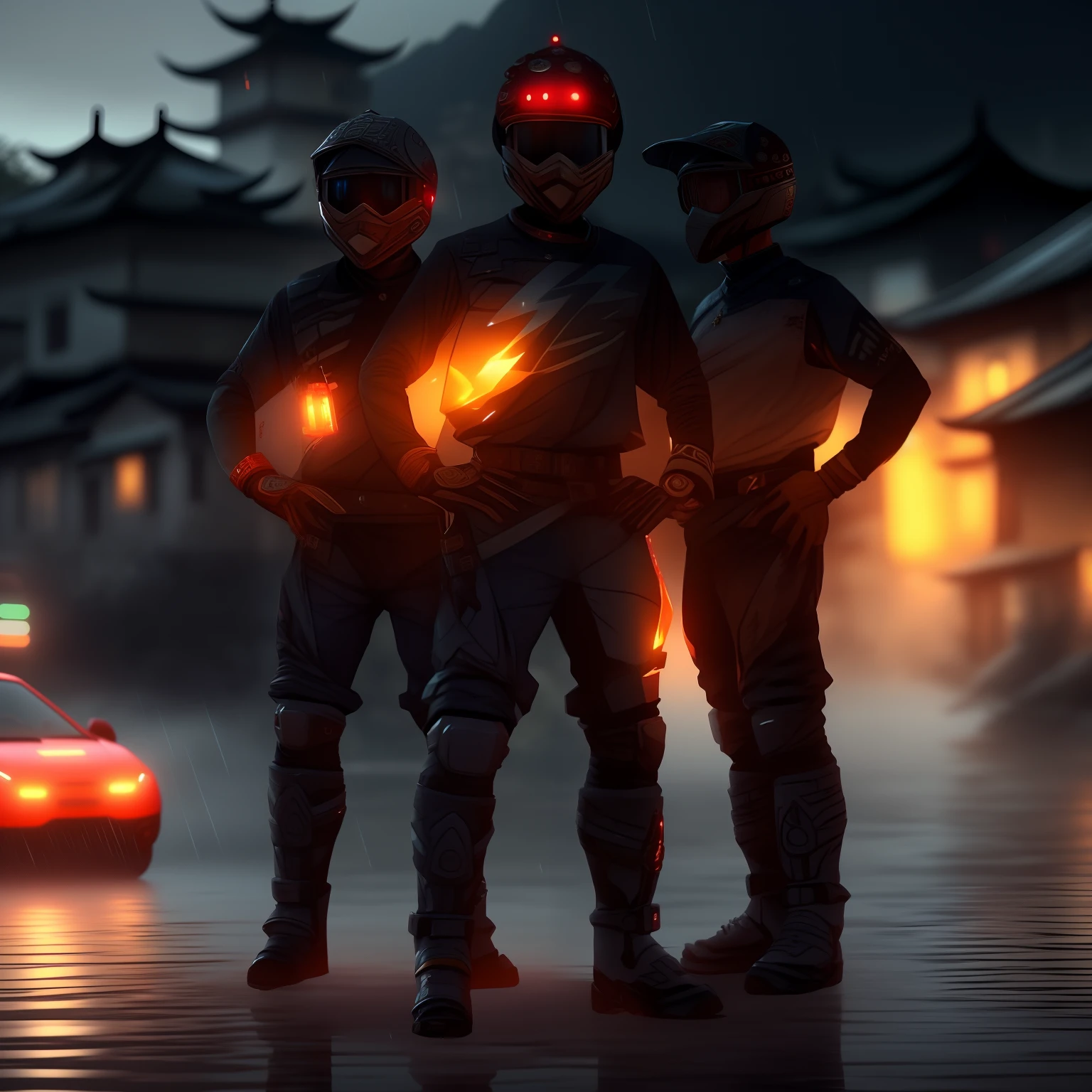 arafed view of a village with a lot of lights on the buildings, dreamy chinese town, chinese village, amazing wallpaper, japanese town, japanese village, hyper realistic photo of a town, old asian village, japanese city, by Raymond Han, rainy evening, cyberpunk chinese ancient castle, beautifully lit buildings, at evening during rain, beautiful and aesthetic, photography, cinematic, 8k, high detailed ((Heavy rain)))