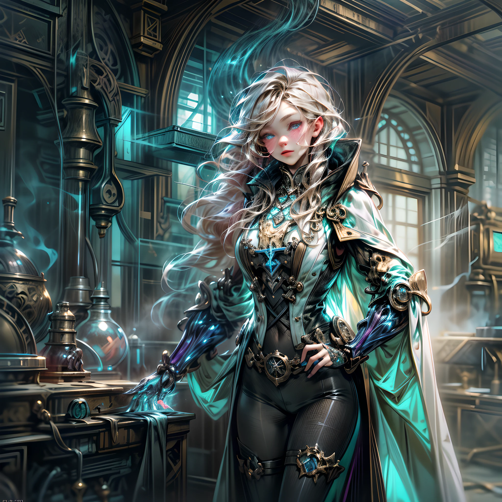 ffantasy art, steampunk art, RPG art, photograph, RAW,  Best Detailed, picture of a mecha woman wizard, standing proudly, manipulating magical blue fire, extremely beautiful woman (best Detailed, Masterpiece, Hyperrealistic: 1.5) blond hair, rich hair, wavy hair, dynamic eyes color, wearing black and white dress, wearing (white cloak: 1.2), wearing (pantyhose: 1.2), wearing high heeled boots, laces boots, make up, steampunk laboratory background, ultra best realistic, best details, best quality, 16k, [ultra detailed], masterpiece, best quality, (extremely detailed), ultra wide shot, photorealism, depth of field, hyper realistic painting, GlowingRunes_purple, blue fire, mechanical parts