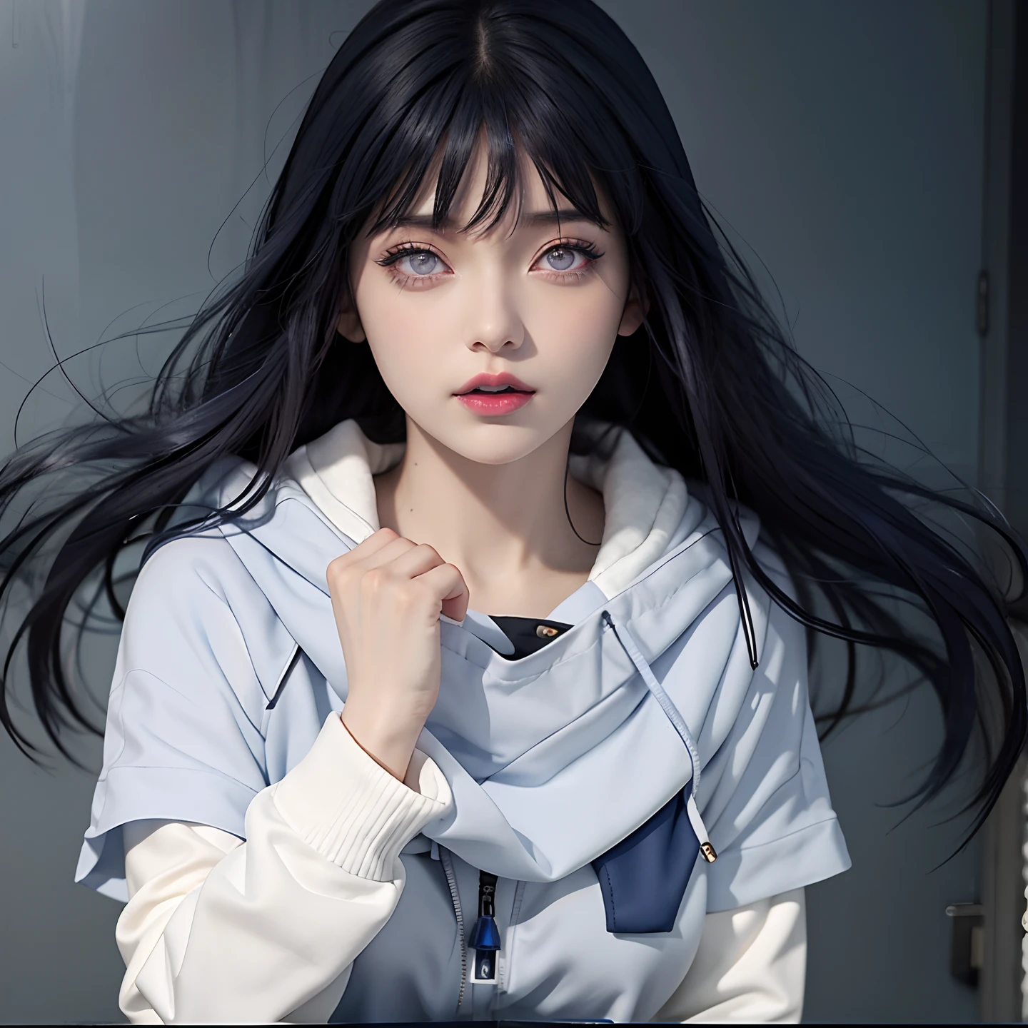 a close up of a person with long hair and a hoodie, hinata hyuga, hinata hyuga from naruto, from naruto, as an anime character, perfect anime face, she has dark blue hair with bangs, female anime character, anime character, anime best girl, hime cut hairstyle, dark blue hair, (red glossy lips:1.3), light purple eyes, big breasts, realistic, ultra detail, indoor background