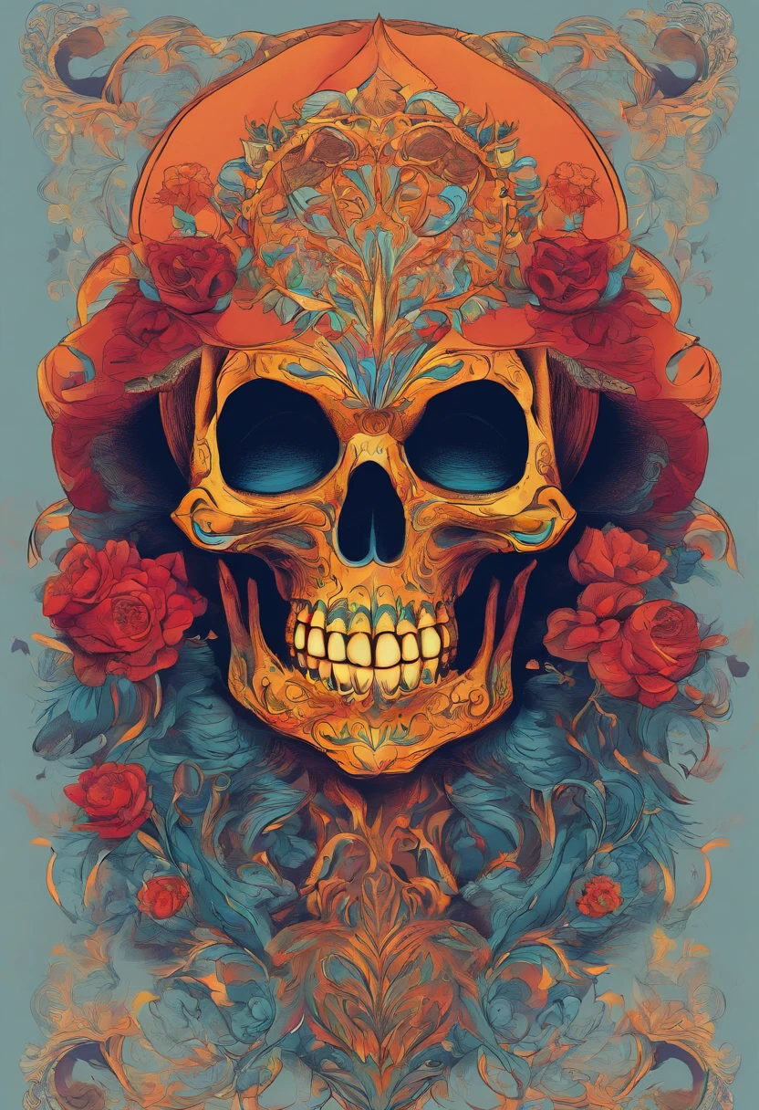 day of the dead , hooded skull with red silk cloak with a flower on its head,fantasy skull, scary detailed art in color, scary color art in 4 k, sacred skull, conjuring psychedelic background, detailed digital artwork, calavera, sacred skulls, psychedelic illustration, skull face, death skull, scary art in color, skull liminal void background, psychedelic art style