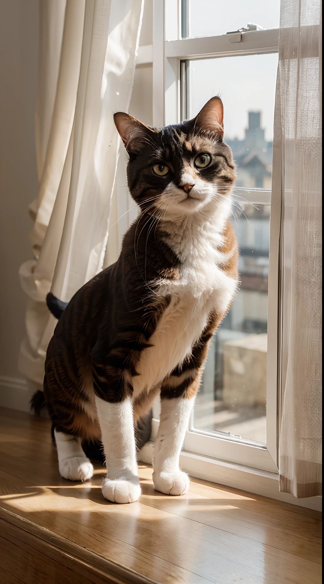un chat, Influenceur Instagram, Canon R5, Ressort 85mm, photo shoot, profondeur de champ, Intricate and incredibly detailed, Hyper maximaliste, elegant, hyper realistic, super detailed, pose dynamique, centered, photographie, natural light, dynamique, highly detailed, mise au point nette. Cat walking on a window sill