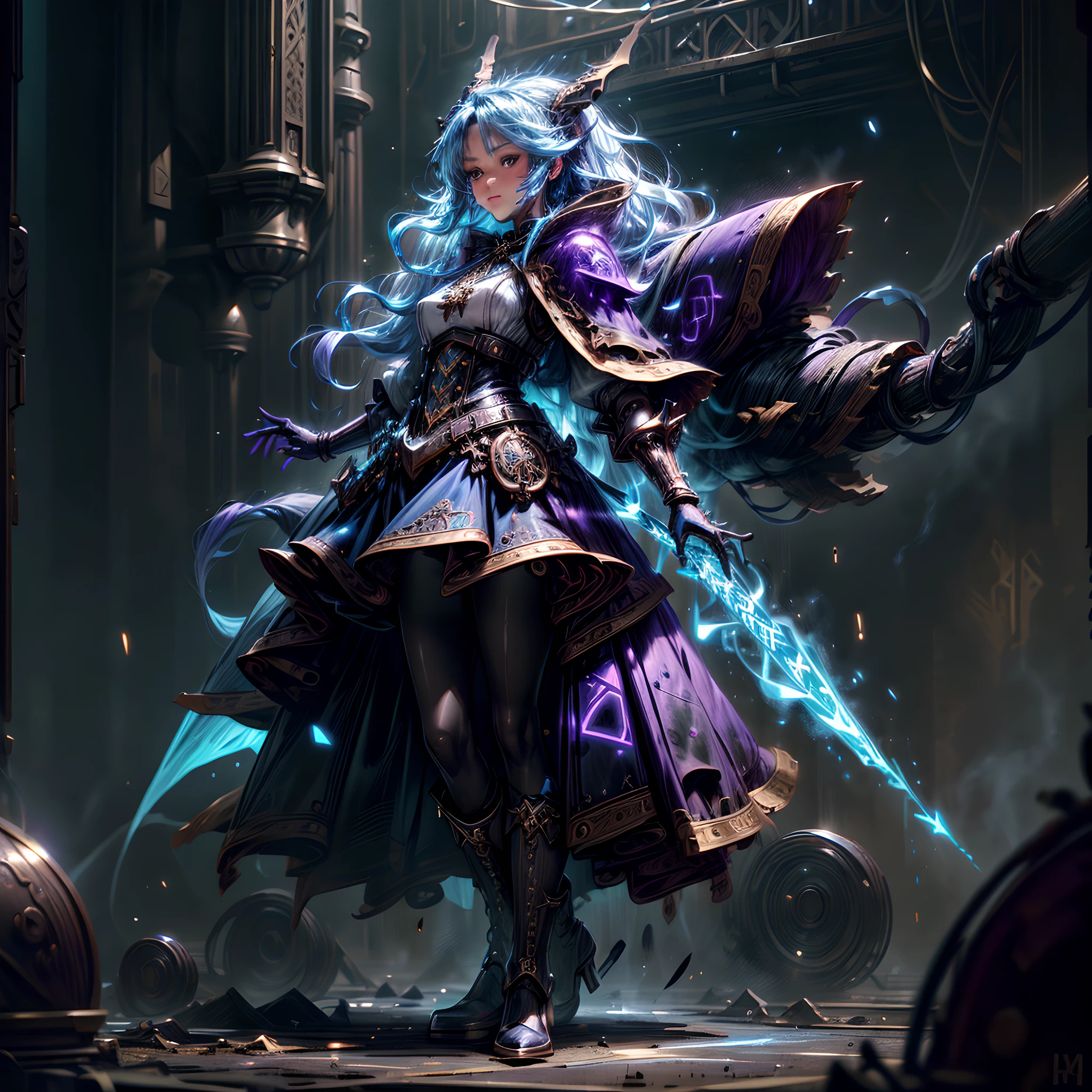 ffantasy art, steampunk art, RPG art, photograph, RAW,  Best Detailed, picture of a mecha woman wizard, standing proudly, manipulating magical blue fire, extremely beautiful woman (best Detailed, Masterpiece, Hyperrealistic: 1.5) blond hair, rich hair, wavy hair, dynamic eyes color, wearing black and white dress, wearing (white cloak: 1.2), wearing (pantyhose: 1.2), wearing high heeled boots, laces boots, make up, steampunk laboratory background, ultra best realistic, best details, best quality, 16k, [ultra detailed], masterpiece, best quality, (extremely detailed), ultra wide shot, photorealism, depth of field, hyper realistic painting, GlowingRunes_purple, blue fire, mechanical parts