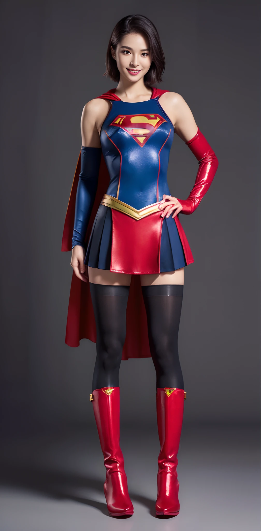 (((Wear black tights on your beautiful legs.)))、(((Grow legs、tall、beauty legs)))、(((facial expression of smile)))、((((Make the most of the original image)))、(((Supergirl Costume)))、(((shiny short hair)))、(((Suffering)))、(((Feet must necessarily be worn with black tights)))、(((You need to wear red boots)))、((Top image quality、8K))、((top-quality、8K、masterpiece:1.3))、(((Keep your background simple)))、Crisp focus:1.2、Beautiful woman with perfect body shape:1.4、Slender Abs:1.2、a wet body:1.5、Highly detailed facial and skin texture、