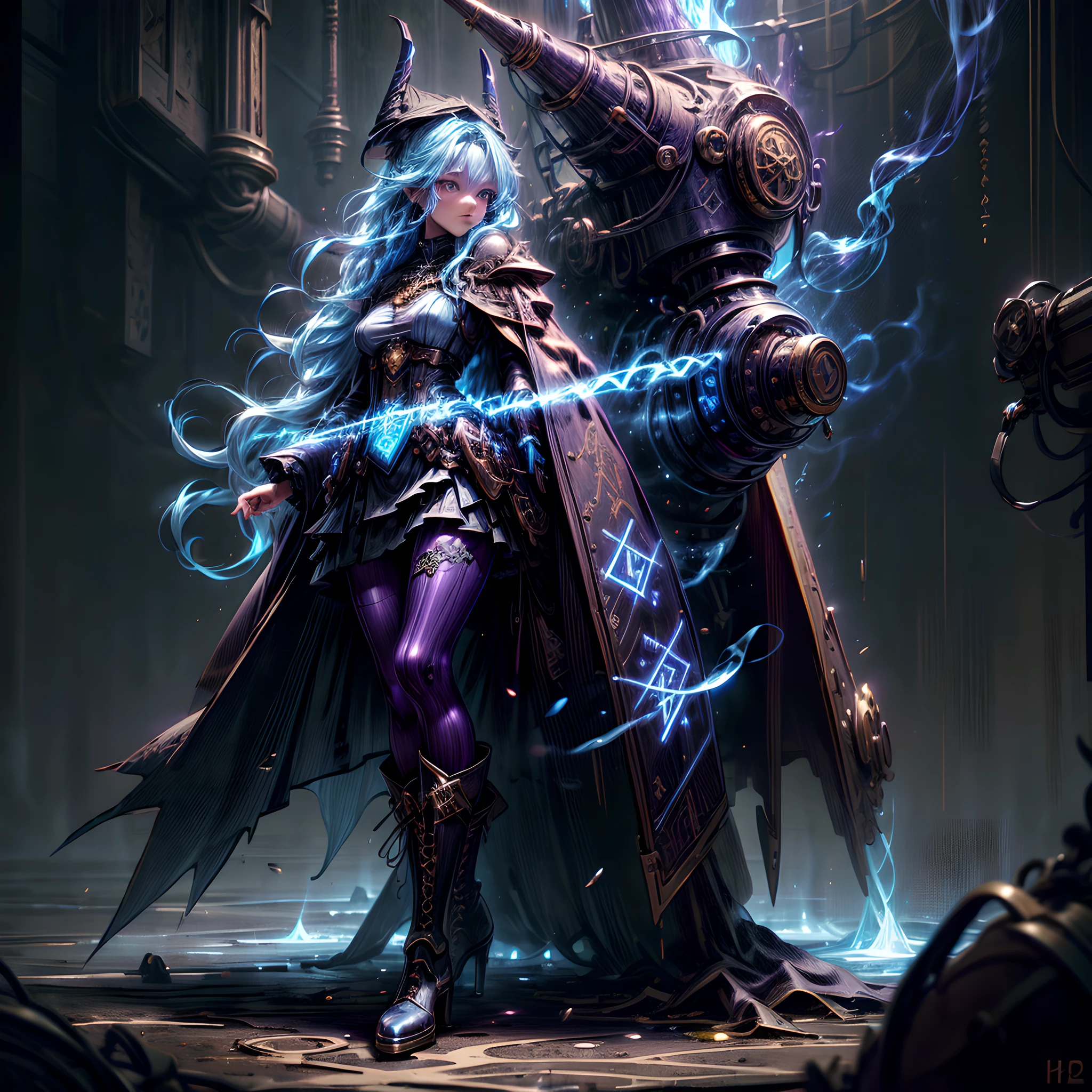 ffantasy art, steampunk art, RPG art, photograph, RAW,  Best Detailed, picture of a mecha woman wizard, standing proudly, manipulating magical blue fire, extremely beautiful woman (best Detailed, Masterpiece, Hyperrealistic: 1.5) blond hair, rich hair, wavy hair, dynamic eyes color, wearing black and white dress, wearing (white cloak: 1.2), wearing (pantyhose: 1.2), wearing high heeled boots, laces boots, make up, steampunk laboratory background, ultra best realistic, best details, best quality, 16k, [ultra detailed], masterpiece, best quality, (extremely detailed), ultra wide shot, photorealism, depth of field, hyper realistic painting, GlowingRunes_purple, blue fire, mechanical parts