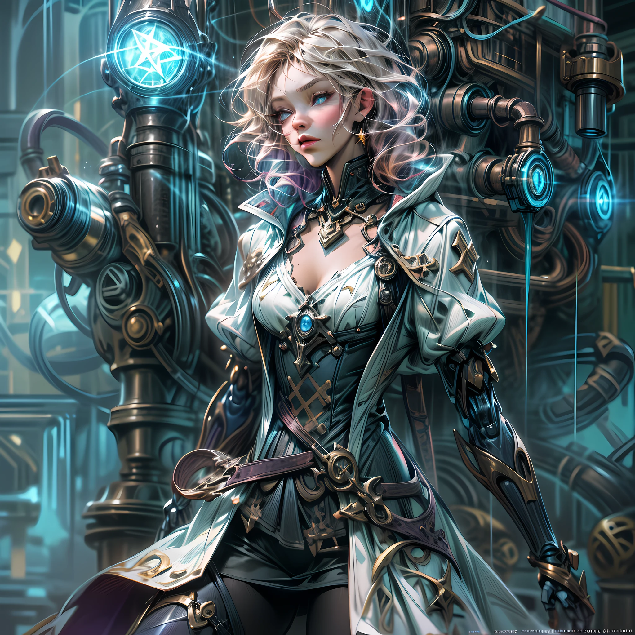ffantasy art, steampunk art, RPG art, photograph, RAW,  Best Detailed, picture of a mecha woman wizard, standing proudly, manipulating magical blue fire, extremely beautiful woman (best Detailed, Masterpiece, Hyperrealistic: 1.5) blond hair, rich hair, wavy hair, dynamic eyes color, wearing black and white dress, wearing (white cloak: 1.2), wearing (pantyhose: 1.2), wearing high heeled boots, laces boots, make up, steampunk laboratory background, ultra best realistic, best details, best quality, 16k, [ultra detailed], masterpiece, best quality, (extremely detailed), ultra wide shot, photorealism, depth of field, hyper realistic painting, GlowingRunes_purple, blue fire, mechanical parts