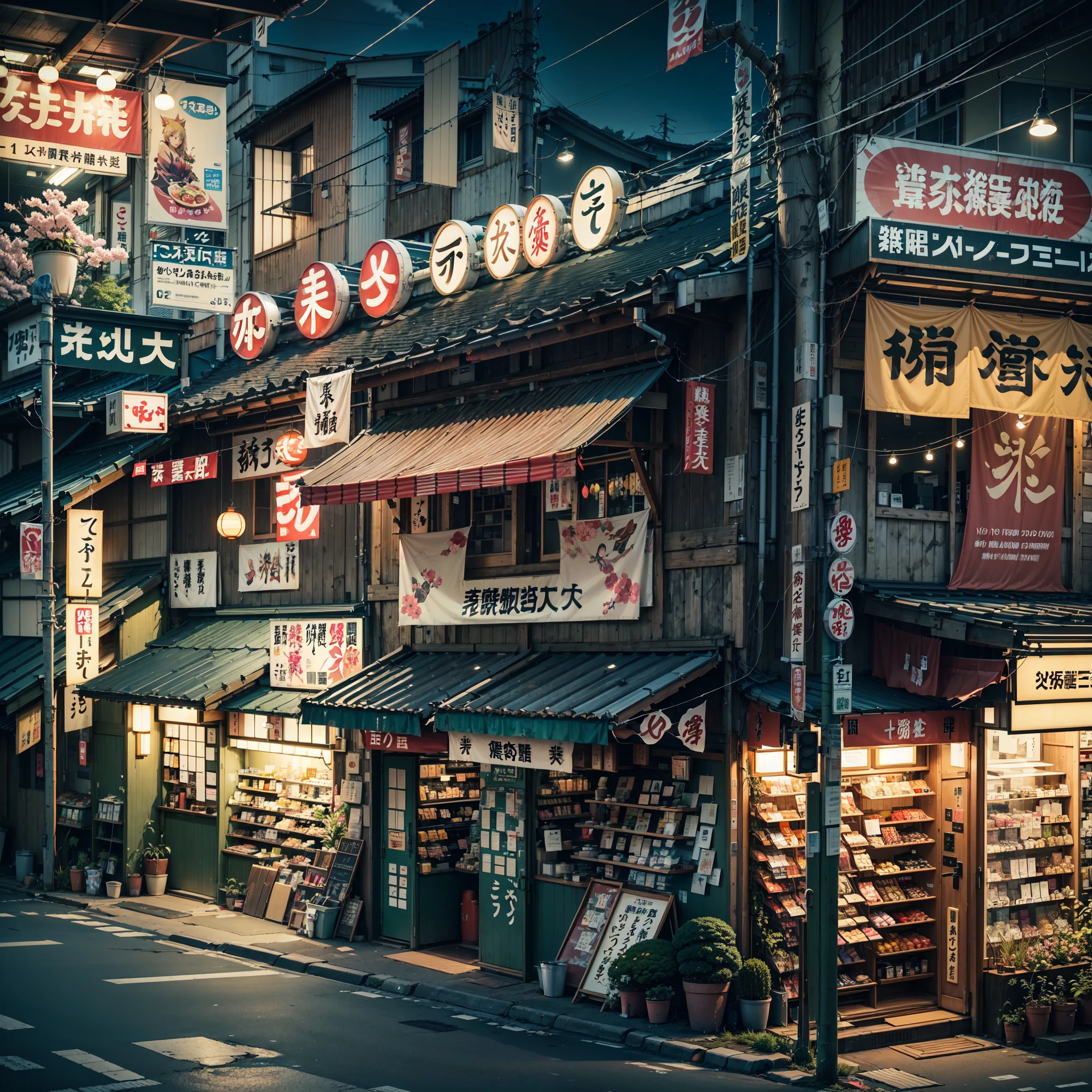 anime background, anime wallpaper, best quality, anime, anime style, anime vibe, anime scene, retro tokyo shop, 80s style japanese retro shop, shop on the side of a road where the road is overlooking the city, japan, nighttime, night time, night, dark, scene lit up from the shop, big retro japanese shop signs, japanese shop banners, japanese billboards, japanese shop signs, japanese signs, japanese banners, banners, plant pots, trash cans, air vents, gutters, telephone wires, wires, cables, air ventilation systems, (no one: 1), no one in sight, empty scene