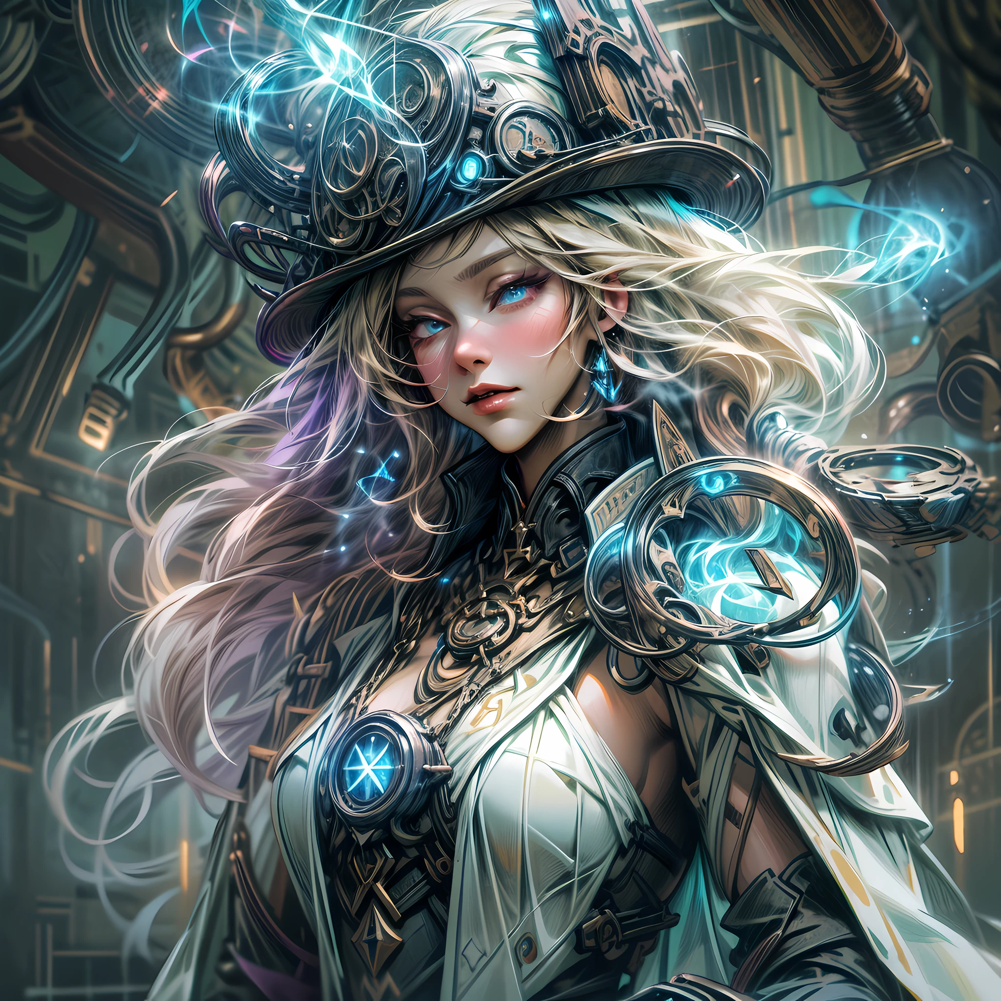 ffantasy art, steampunk art, RPG art, photograph, RAW,  Best Detailed, picture of a mecha woman wizard, standing proudly, manipulating magical blue fire, extremely beautiful woman (best Detailed, Masterpiece, Hyperrealistic: 1.5) blond hair, rich hair, wavy hair, dynamic eyes color, wearing black and white dress, wearing (white cloak: 1.2), wearing (pantyhose: 1.2), wearing high heeled boots, laces boots, make up, steampunk laboratory background, ultra best realistic, best details, best quality, 16k, [ultra detailed], masterpiece, best quality, (extremely detailed), ultra wide shot, photorealism, depth of field, hyper realistic painting, GlowingRunes_purple, blue fire, mechanical parts
