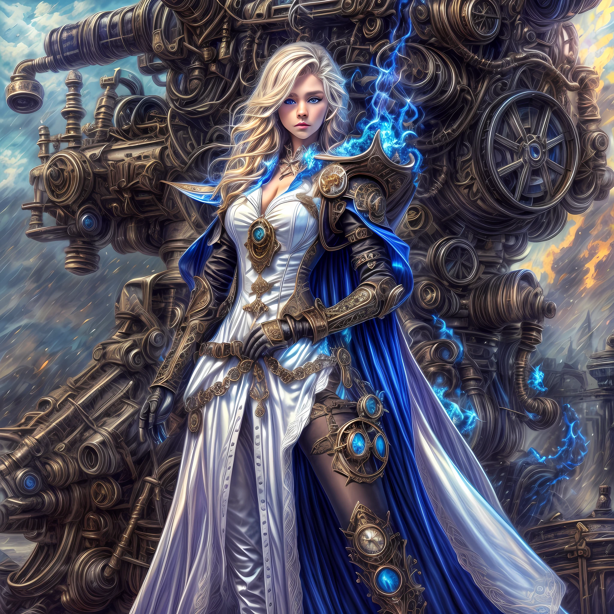 ffantasy art, steampunk art, RPG art, photograph, RAW,  Best Detailed, picture of a mecha woman wizard, standing proudly, manipulating magical blue fire, extremely beautiful woman (best Detailed, Masterpiece, Hyperrealistic: 1.5) blond hair, rich hair, wavy hair, dynamic eyes color, wearing black and white dress, wearing (white cloak: 1.2), wearing (pantyhose: 1.2), wearing high heeled boots, laces boots, make up, steampunk laboratory background, ultra best realistic, best details, best quality, 16k, [ultra detailed], masterpiece, best quality, (extremely detailed), ultra wide shot, photorealism, depth of field, hyper realistic painting, GlowingRunes_purple, blue fire, mechanical parts