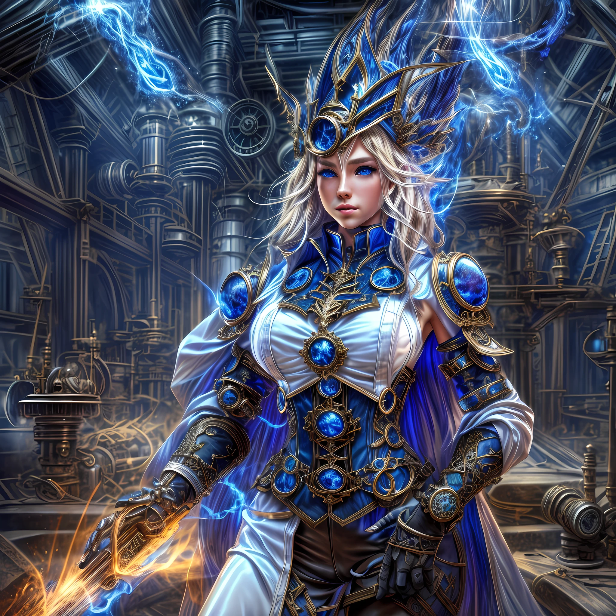 ffantasy art, steampunk art, RPG art, photograph, RAW,  Best Detailed, picture of a mecha woman wizard, standing proudly, manipulating magical blue fire, extremely beautiful woman (best Detailed, Masterpiece, Hyperrealistic: 1.5) blond hair, rich hair, wavy hair, dynamic eyes color, wearing black and white dress, wearing (white cloak: 1.2), wearing (pantyhose: 1.2), wearing high heeled boots, laces boots, make up, steampunk laboratory background, ultra best realistic, best details, best quality, 16k, [ultra detailed], masterpiece, best quality, (extremely detailed), ultra wide shot, photorealism, depth of field, hyper realistic painting, GlowingRunes_purple, blue fire, mechanical parts