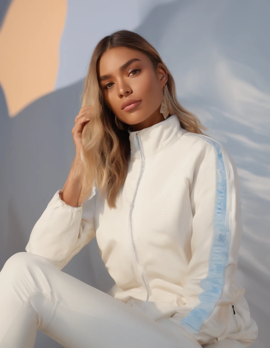 arafed woman in white jacket and white pants standing in front of a black wall, a portrait by Salomon van Abbé, unsplash, process art, trending on r/streetwear, trending on r/techwearclothing, white jacket, product shoot, white clothing, off - white collection, wearing off - white style, future inflatable jacket, product shot