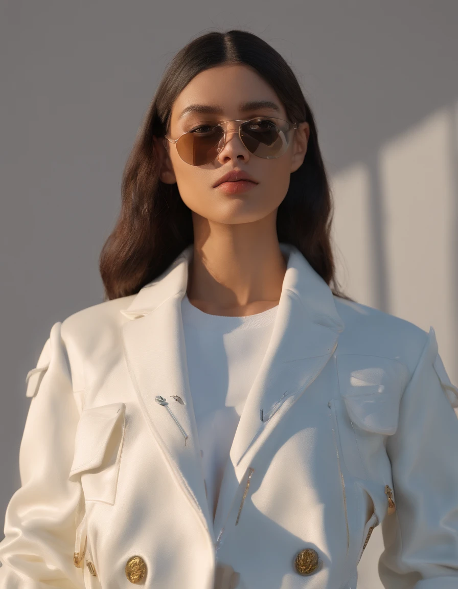 arafed woman in white jacket and white pants standing in front of a black wall, a portrait by Salomon van Abbé, unsplash, process art, trending on r/streetwear, trending on r/techwearclothing, white jacket, product shoot, white clothing, off - white collection, wearing off - white style, future inflatable jacket, product shot