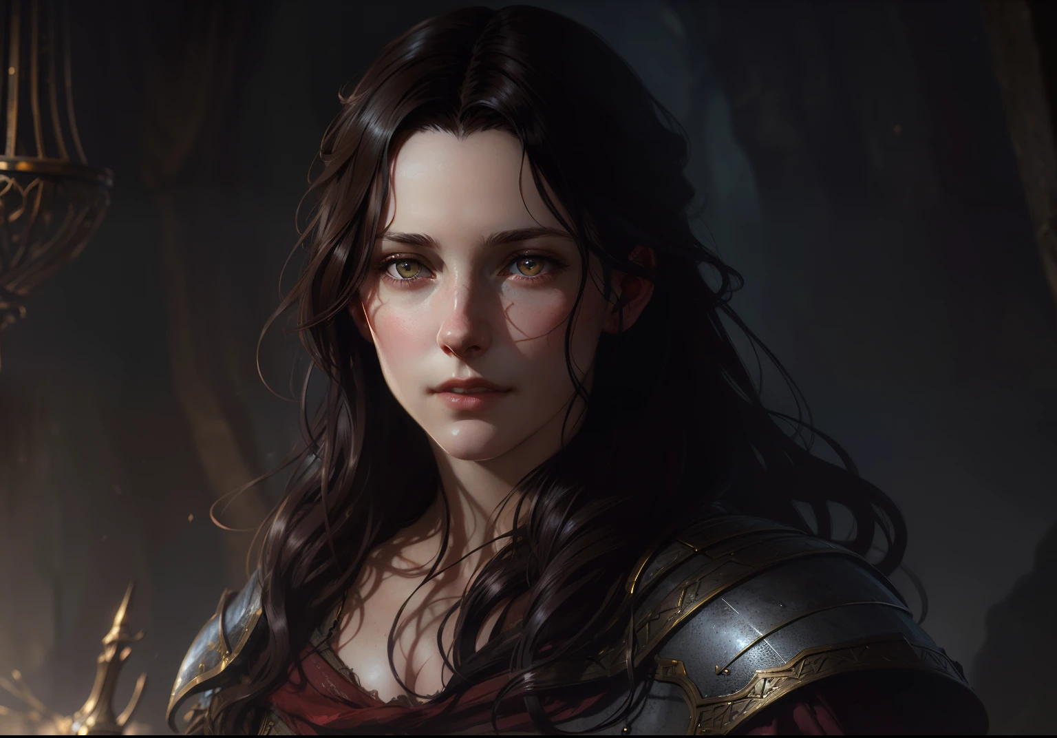 portrait of young woman, dark hair , detailed eyes , fantasy, dnd, dramatic lighting, illustration by Akihiko Yoshida, Greg Rutkowski, 4k, digital art, concept art, trending on artstation