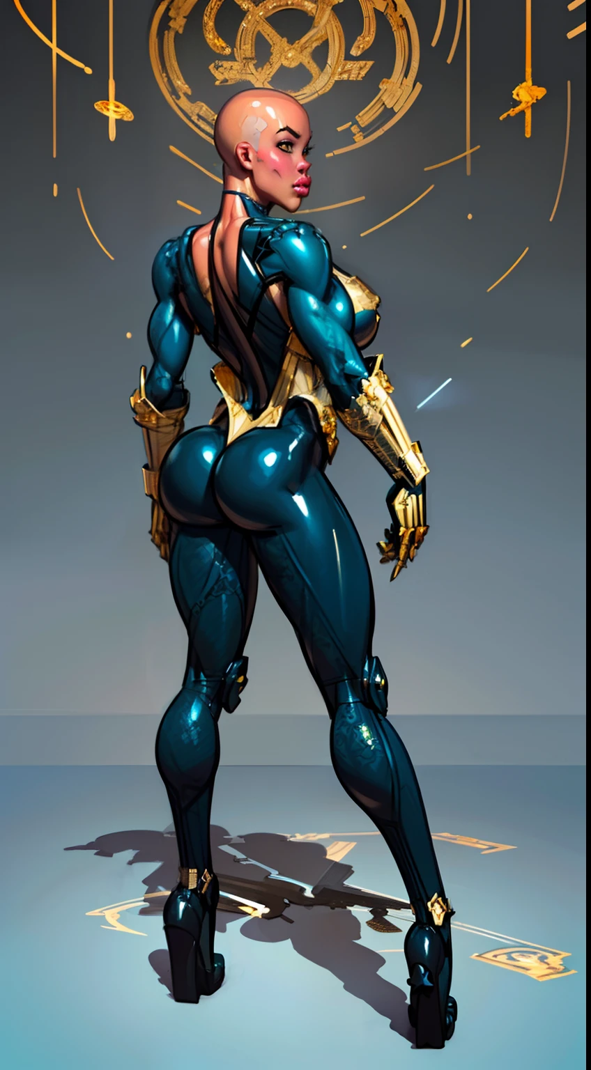 8k ((above view:1.3)), ((full body view))((back view:1.4))(large eyes:1.3), defined cheekbones, looking back, ((the pit style:1.4))((sleek dark blue bodysuit:1.6)) ((intricate lace details:1.6))detailed face:1.5), lightblue skin,(puffy lips:1.5) (lightblue skin:1.6), (bald woman:1.7), (skinhead) ((sexy pose)),(Muscular:1.3), ((gigantic breasts:1.5)), )highly detailed, Volumetric lighting, baroque oil painting by Greg Rutkowski, Artgerm, WLOP, dynamic angle,((intricate neon lines on bodysuit:1.3)), majestic, digital photography, best shadow, light particles, art by artgerm and ruan jia and greg rutkowski, ((gold shoulder pads:1.6)), (masterpiece), sidelighting, intricate details, (((black color palette)))