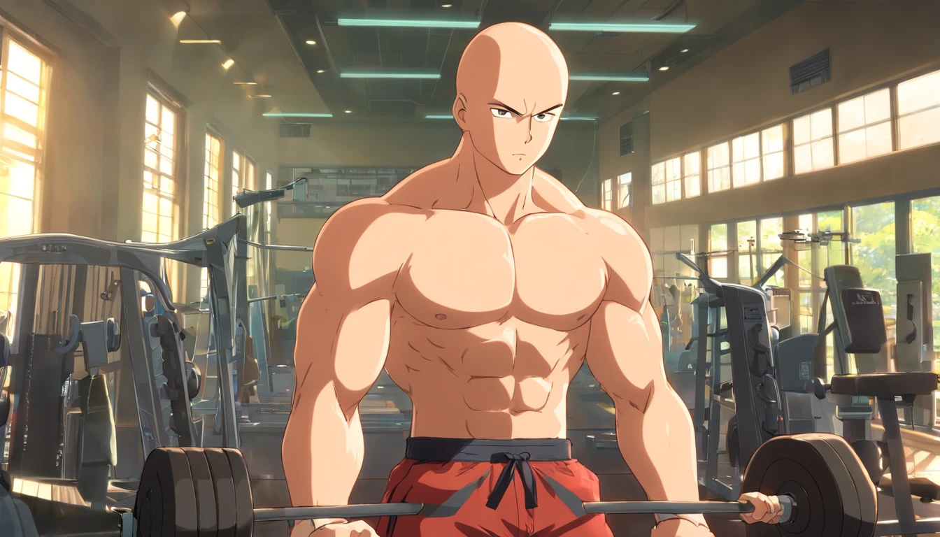 Saitama ((careca)), Um homem de soco, masculino, Working out intensely in a bodybuilding gym, Well-defined and detailed muscles,
