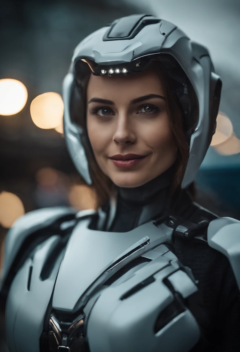 una mujer cybor super bella, que representa a una INTELIGENCIA ARTIFICIAL. MIRANDO DE FRENTE A LA CAMARA, CON UNA SONRISA AMABLE.