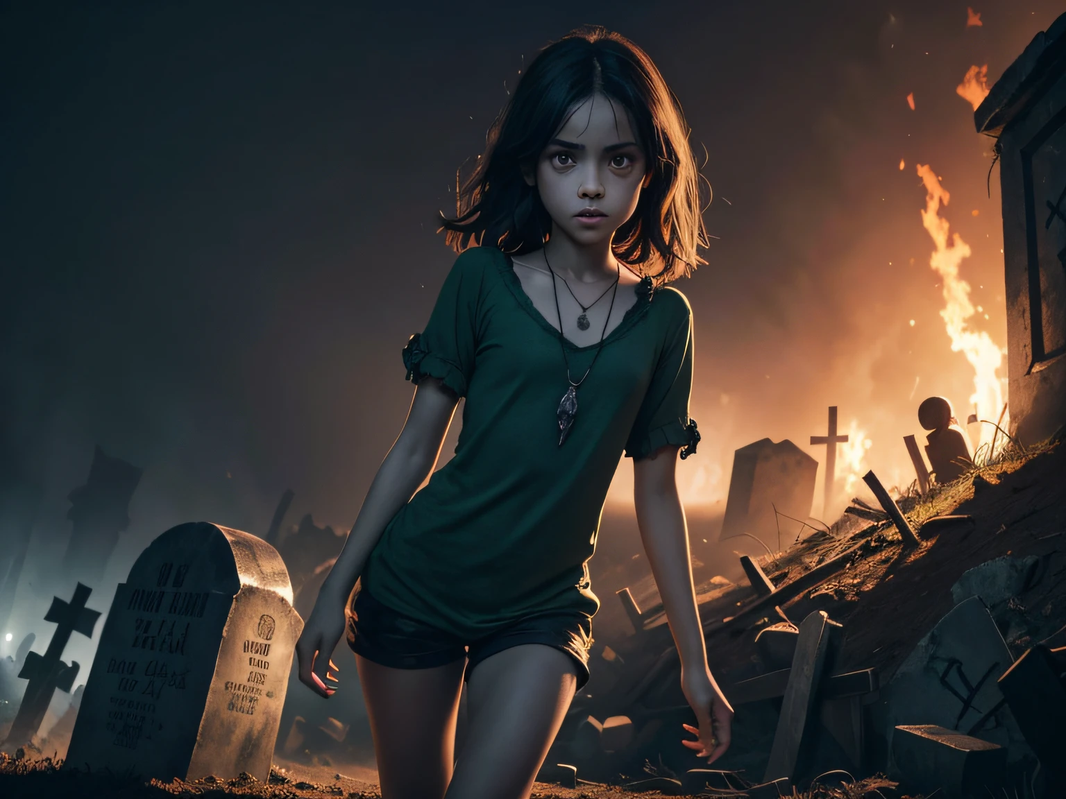 Illustration, Vibrant color palette, Dynamic linework, Exaggerated expressions, Detailed shading: A dark, mysterious ((Beautiful Latin girl with nice legs)), small chest, perfect face, small mouth, green eyes, ((short clothes)) chain around her neck ((coming out of the grave)), crater, hands coming out of hell hole from horror movies with zombies with dramatic expressions, a grim atmospheric setting, and a striking color palette.