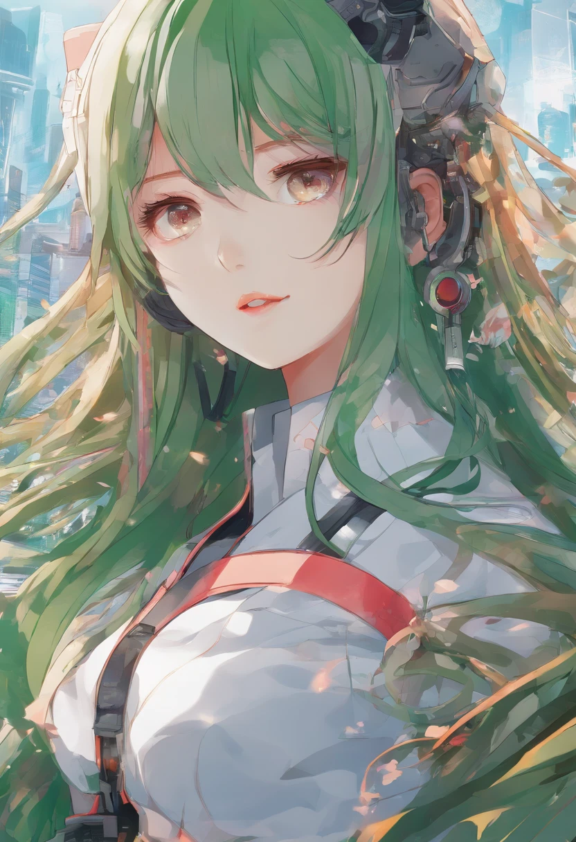 The best quality, high resolution, detailed 4k CG, masterpiece, amazing art, fine details, high details, complex details, red long hair, girly feeling, big eyes, pure desire, lovely, young and beautiful, light and shadow, light，Gorgeous clothes，green sky，Cyberpunk, tech body