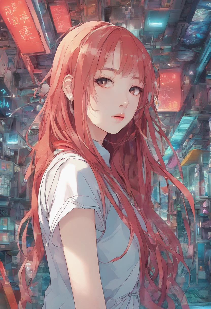 The best quality, high resolution, detailed 4k CG, masterpiece, amazing art, fine details, high details, complex details, red long hair, girly feeling, big eyes, pure desire, lovely, young and beautiful, light and shadow, light，Gorgeous clothes，green sky，Cyberpunk, tech body