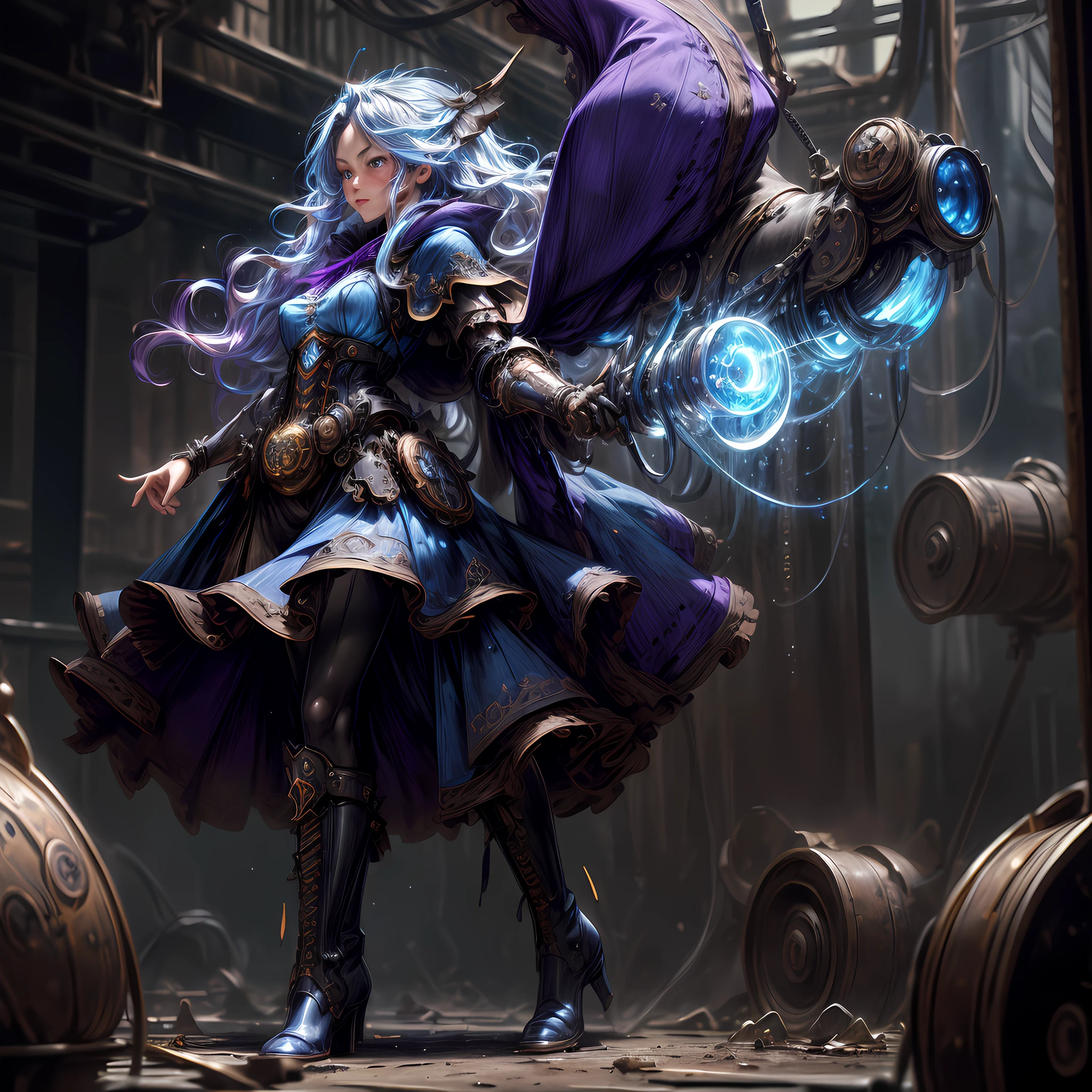 ffantasy art, steampunk art, RPG art, photograph, RAW,  Best Detailed, picture of a mecha woman wizard, standing proudly, manipulating magical blue fire, extremely beautiful woman (best Detailed, Masterpiece, Hyperrealistic: 1.5) blond hair, rich hair, wavy hair, dynamic eyes color, wearing black and white dress, wearing (white cloak: 1.2), wearing (pantyhose: 1.2), wearing high heeled boots, laces boots, make up, steampunk laboratory background, ultra best realistic, best details, best quality, 16k, [ultra detailed], masterpiece, best quality, (extremely detailed), ultra wide shot, photorealism, depth of field, hyper realistic painting, GlowingRunes_purple, blue fire, mechanical parts