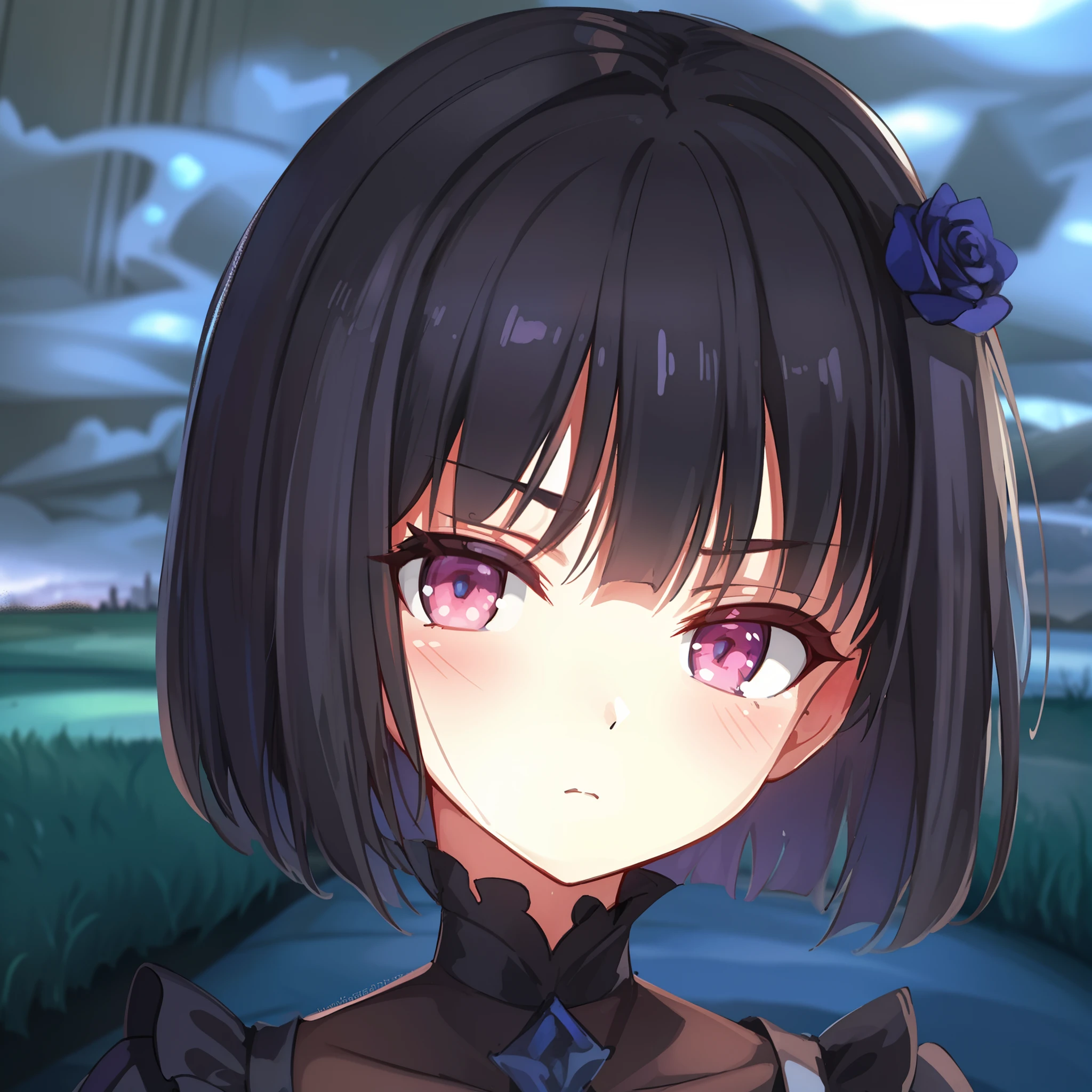 hiquality, tmasterpiece (one girls) indifferent face. cold gaze. darkest. purple rose on hair. Dark gothic outfit. Against the background of the sky with clouds. Overcast. grass.
