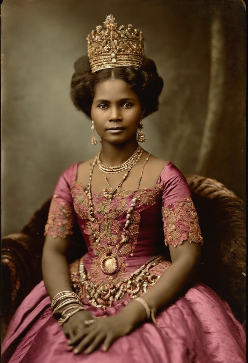 Ranavalona III, the last queen of Madagascar, blasian , s'en va en exil, photo couleur embarquant depuis le port de Tamatave en 1897. She is surrounded by her sister and pregnant niece