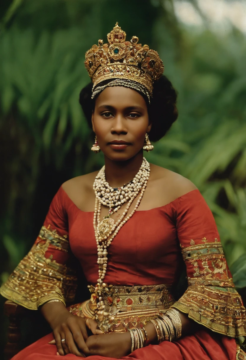 Ranavalona III, the last queen of Madagascar, blasian , s'en va en exil, photo couleur embarquant depuis le port de Tamatave en 1897. She is surrounded by her sister and pregnant niece