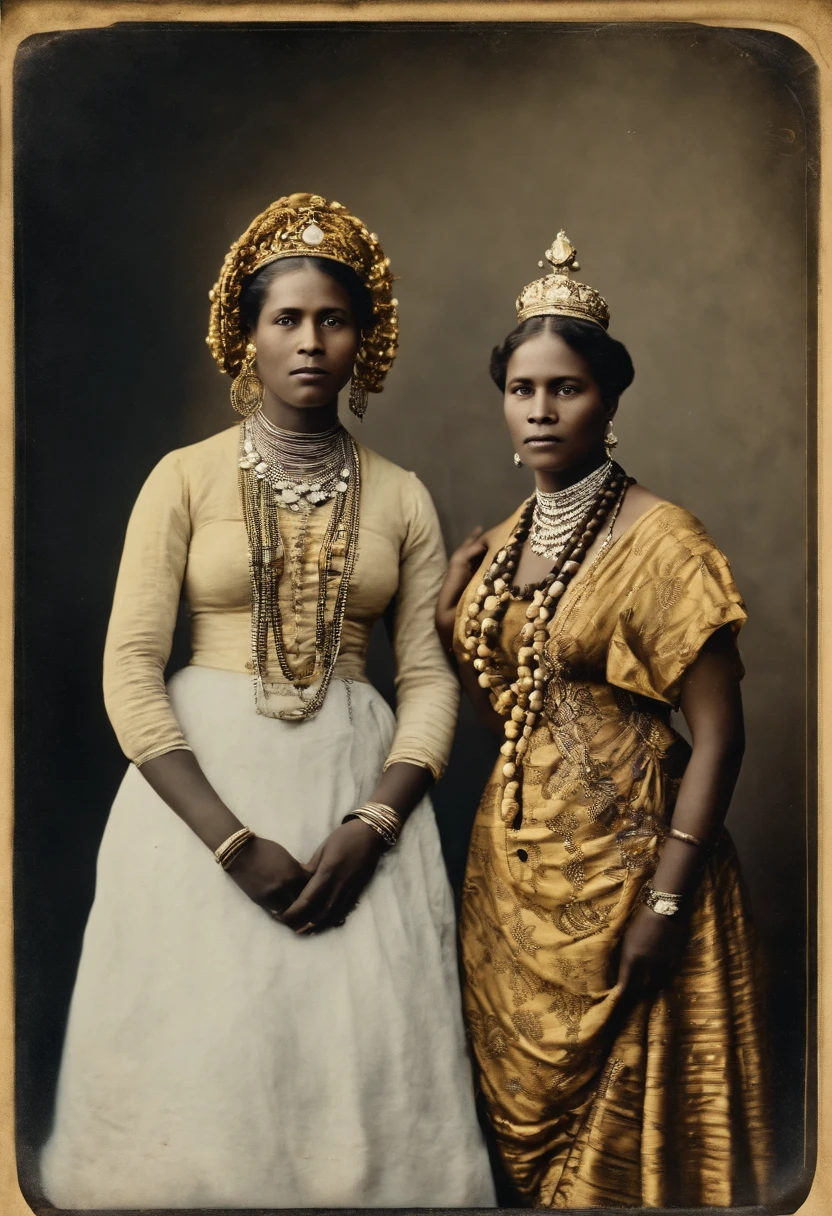 Ranavalona III, the last queen of Madagascar, blasian , s'en va en exil, photo couleur embarquant depuis le port de Tamatave en 1897. She is surrounded by her sister and pregnant niece