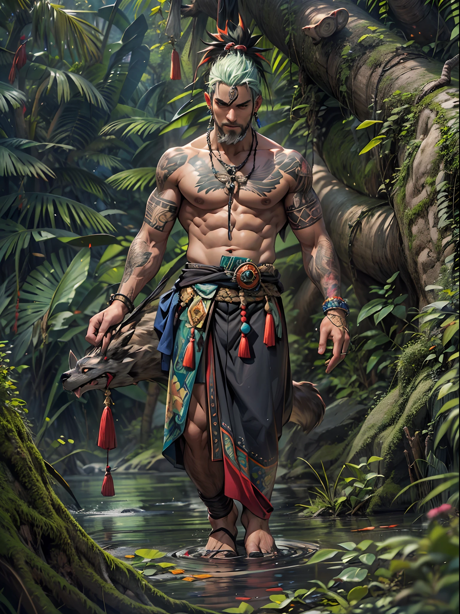 (Mejor calidad,4k,8k,high resolusion:1.2),Ultra - detallado,Realista,fotorrealista:1.37,hombre rudo rapado con tatuajes por todo el cuerpo, vestido de monje en un templo del amazonas - **Apariencia**: Rudo, rapado, tatuajes por todo el cuerpo. - **Vestimenta**: Monk Robe. - **Tatuajes**: Intrincados, tribales, Symbols of Mystical Tribes and Animals. - **Mirada**: Intensa, determinada, sabia. - **Ambiente**: Templo en la selva del Amazonas, connection to nature.mirada desafiante con gesto grosero