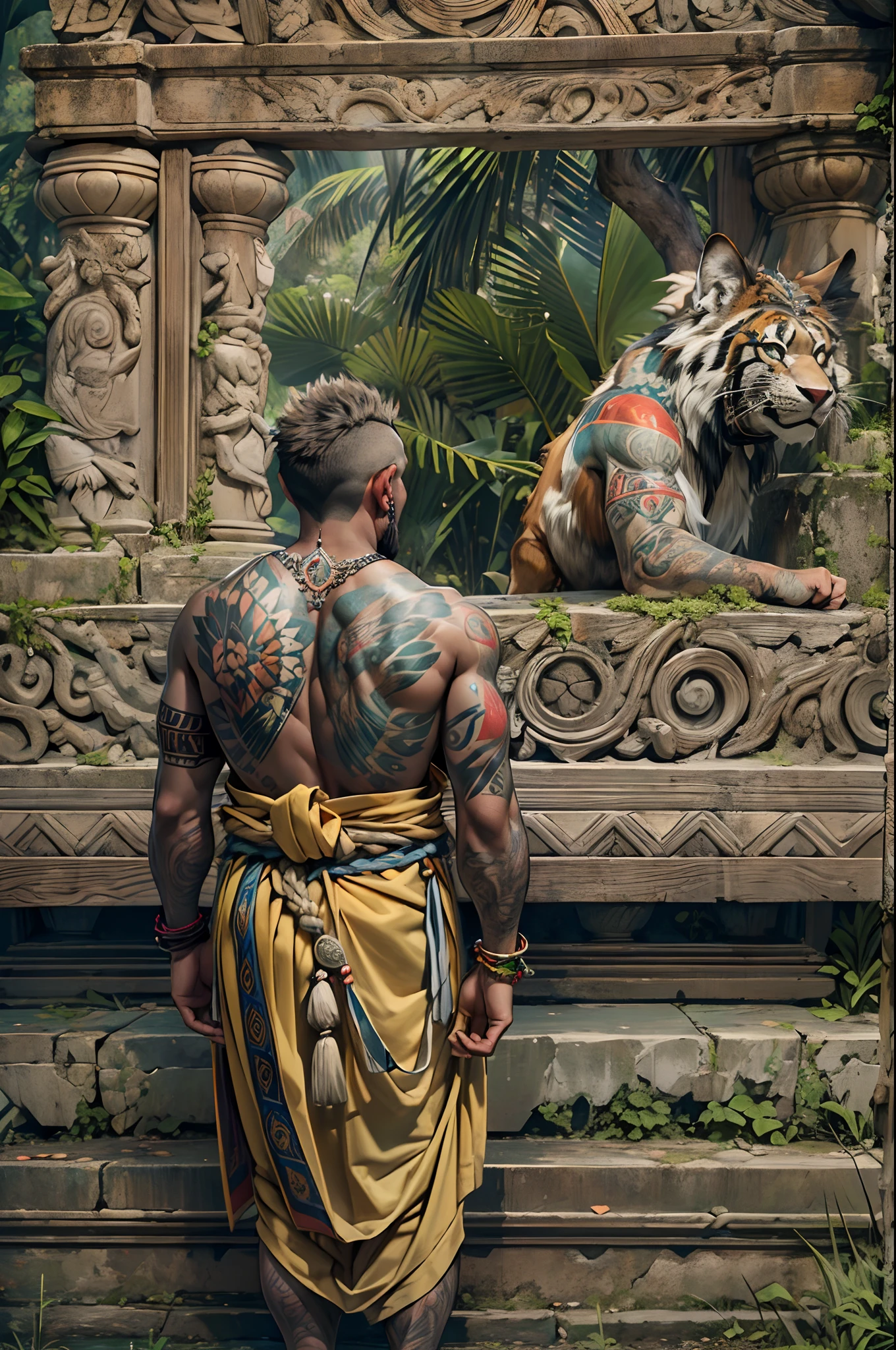 (Mejor calidad,4k,8k,high resolusion:1.2),Ultra - detallado,Realista,fotorrealista:1.37,hombre rudo rapado con tatuajes por todo el cuerpo, vestido de monje en un templo del amazonas - **Apariencia**: Rudo, rapado, tatuajes por todo el cuerpo. - **Vestimenta**: Monk Robe. - **Tatuajes**: Intrincados, tribales, Symbols of Mystical Tribes and Animals. - **Mirada**: Intensa, determinada, sabia. - **Ambiente**: Templo en la selva del Amazonas, connection to nature.mirada desafiante con gesto grosero