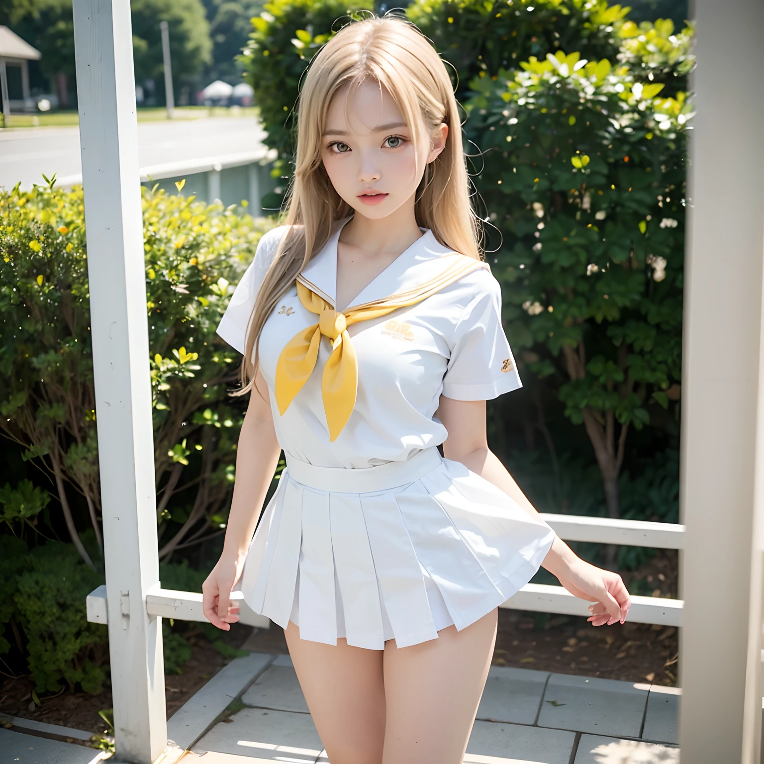 (masutepiece, Best Quality:1.2), 8K, Official art, Raw photo,Photo from the front、High School Albums、Beautiful women、I'm jumping alone、White panties 、Full Bord Bill Four、cute butt、Cute little girl s、Skirt flutters、skinny、14years、unbelievable Ridiculous, (Upper body, 校服、No sailor suit:1.4), Beautiful Girl, Pretty Face, arching back down,、a blond、Natural jumps、Sailor Suit, Short sleeve, violaceaess, Teen, Looking at Viewer, Film grain, chromatic abberation, Sharp Focus, face lights, Dynamic lighting, Cinematic lighting, Eyes and faces with detailed, Bokeh background,