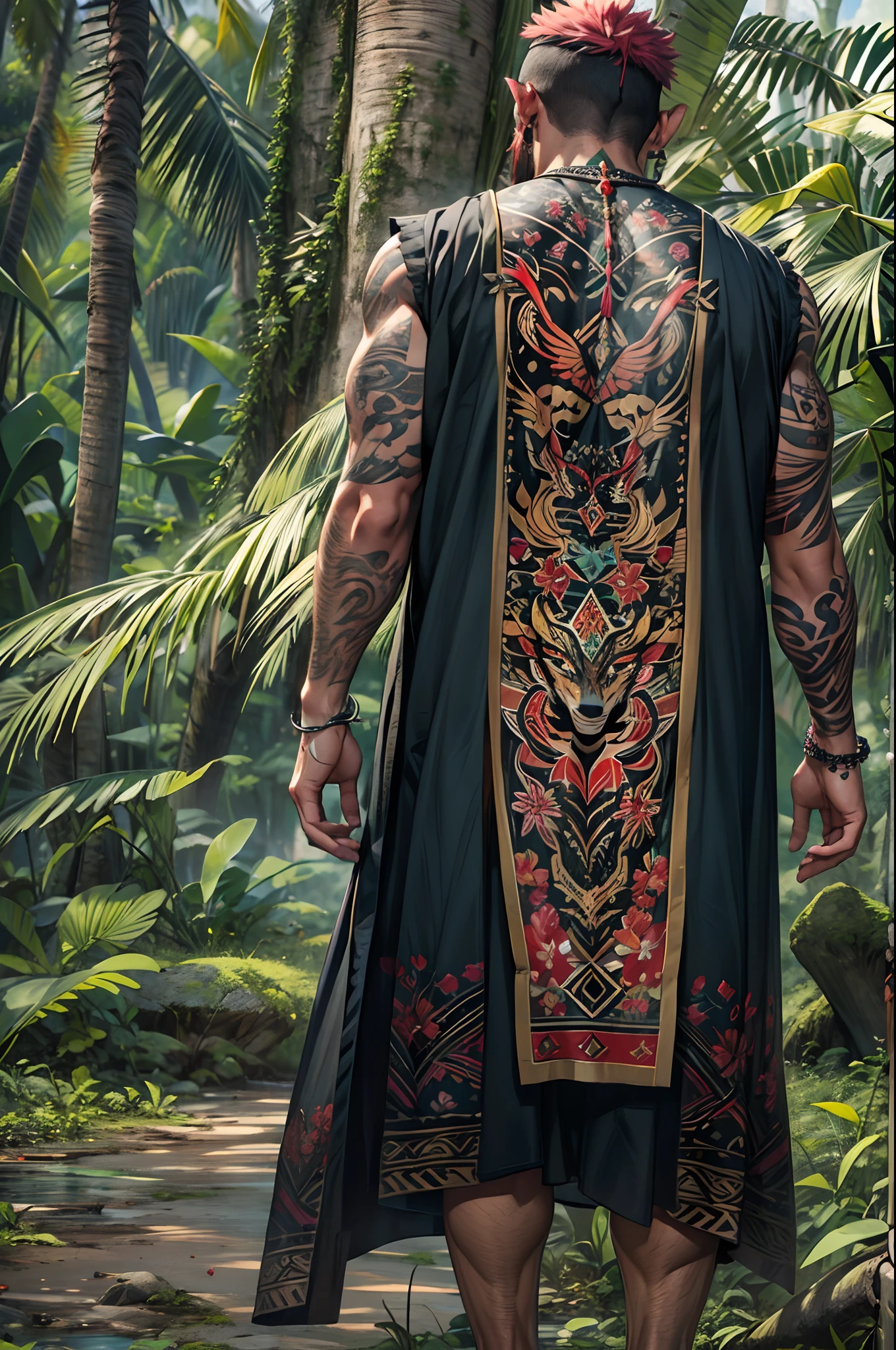 (Mejor calidad，4k，8k，high resolusion:1.2)，Ultra - detallado，Realista，fotorrealista:1.37,hombre rudo rapado con tatuajes por todo el cuerpo, vestido de monje en un templo del amazonas - **Apariencia**: Rudo, rapado, tatuajes por todo el cuerpo. - **Vestimenta**: Monk Robe. - **Tatuajes**: Intrincados, tribales, Symbols of Mystical Tribes and Animals. - **Mirada**: Intensa, determinada, sabia. - **Ambiente**: Templo en la selva del Amazonas, connection to nature.mirada desafiante con gesto grosero