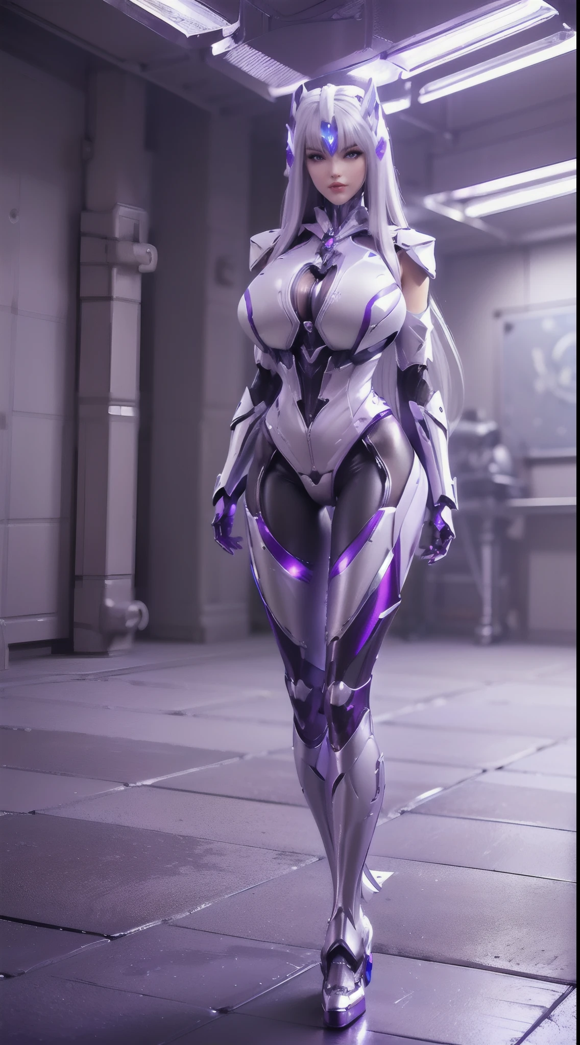 (1GIRL, ALONE, SOLO), (super detailed face), (white Long Hair:1.5), (BIG BUTTOCKS, 11 LINE ABS, HUGE BOOBS:1.5), (MECHA GUARD ARM:1.3), (PURPLE SHINY MECHA CYBER ARMORED, CLEAVAGE, MECHA SKINTIGHT SUIT PANTS, DIAMOND CORE IN ARMOR, MECHA GUARD ARMOR LEGS, HIGH HEELS:1.5), (THICC MUSCULAR BODY, SEXY LONG LEGS:1), (LOOKING AT VIEWER:1.3), (famale focus:0.886), (WALKING DOWN HALLWAY OF FUTURISTIC SPACE STATION:1), (BRIGHT LIGHTING:1.5), SUPER TEXTURE, UNREAL ENGINE RENDER, PHYSICALLY-BASED RENDERING, ULTRA HIGHT DEFINITION, 16K, 1080P.