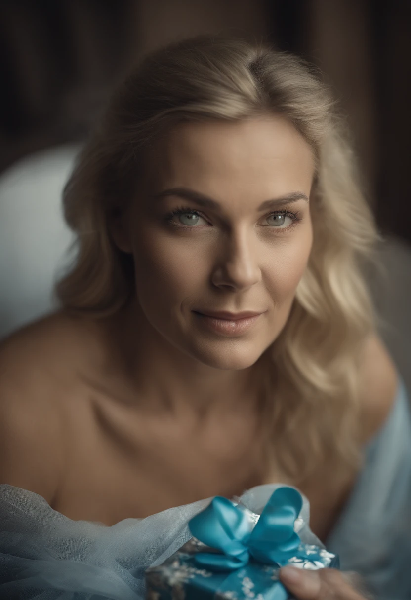 (((Female 40 years old))) (((rubia ojos azules)))Naked and smiling at a birthday party inside a very large gift box