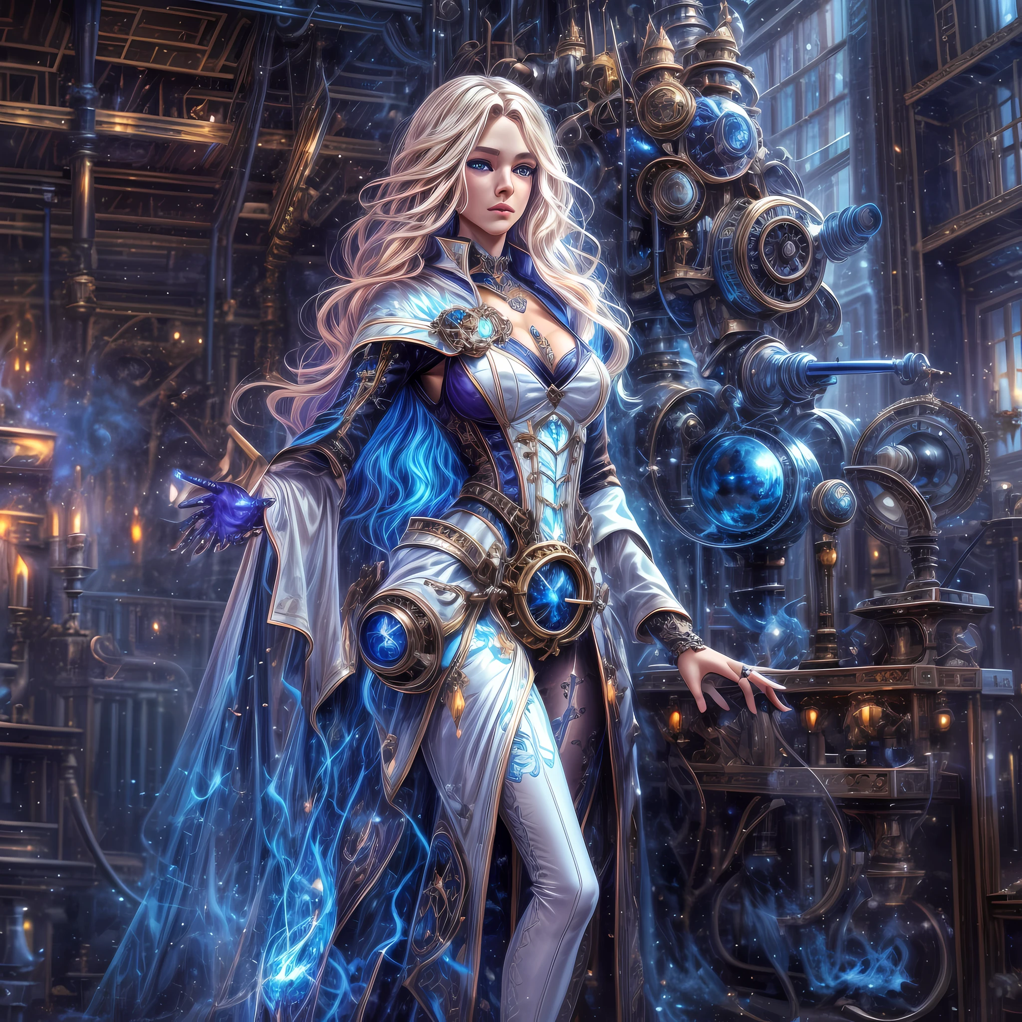 fantasy art, steampunk art, RPG art, photograph, RAW,  Best Detailed, picture of a mecha woman wizard, standing proudly, manipulating magical blue fire, extremely beautiful woman (best Detailed, Masterpiece, Hyperrealistic: 1.5) blond hair, rich hair, wavy hair, dynamic eyes color, wearing black and white dress, wearing (white cloak: 1.2), wearing (pantyhose: 1.2), wearing high heeled boots, laces boots, make up, steampunk laboratory background, ultra best realistic, best details, best quality, 16k, [ultra detailed], masterpiece, best quality, (extremely detailed), ultra wide shot, photorealism, depth of field, hyper realistic painting, GlowingRunes_purple, red fire, mechanical parts