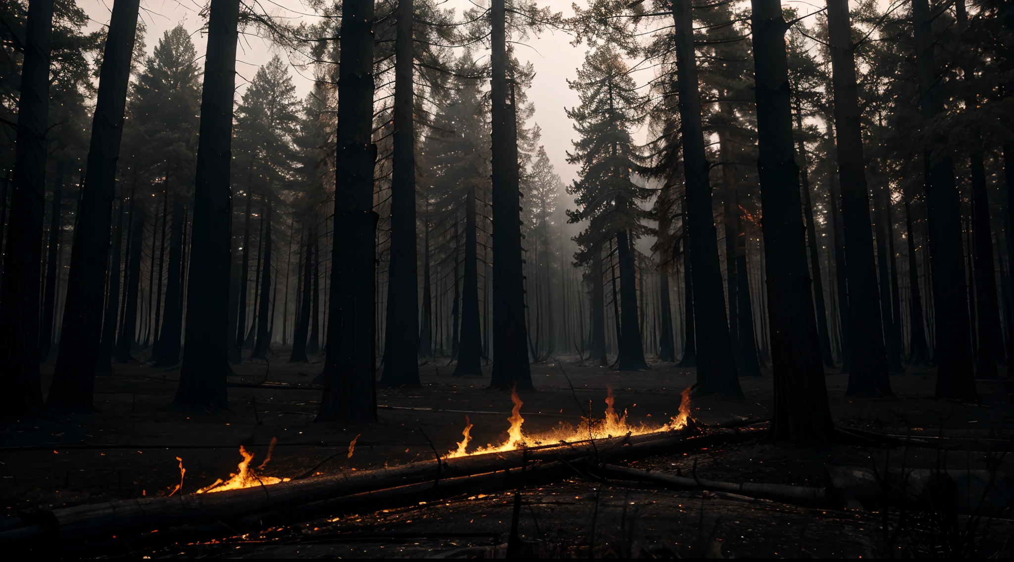 dark forest, without life or people, burned trees, more dark, fog everywhere, low light, macabre red light