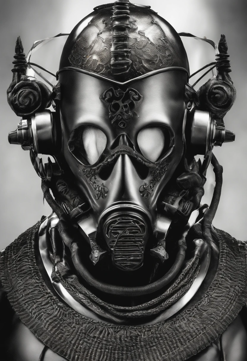 An evil alien, vindo das profundezas do universo desconhecido, emerges as a devastating threat. Its appearance is grotesque and sinister, shrouded in mystery and darkness. With a skeletal body, pale skin and bright eyes, it carries with it evil at its core. But, What catches the eye the most is his gas mask, adorned with radioactive symbols that glow in ominous hues. The mask covers your face, ocultando sua verdadeira forma e intensificando a aura de perigo que o cerca. The rarefied and toxic air coming out of the mask causes everything around it to wither and perish. Set in an ancient city of some South American civilization and pyramids in the background