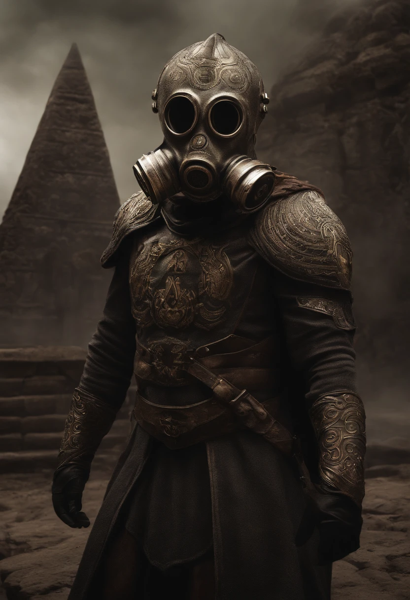 An evil alien, vindo das profundezas do universo desconhecido, emerges as a devastating threat. Its appearance is grotesque and sinister, shrouded in mystery and darkness. With a skeletal body, pale skin and bright eyes, it carries with it evil at its core. But, What catches the eye the most is his gas mask, adorned with radioactive symbols that glow in ominous hues. The mask covers your face, ocultando sua verdadeira forma e intensificando a aura de perigo que o cerca. The rarefied and toxic air coming out of the mask causes everything around it to wither and perish. Set in an ancient city of some South American civilization and pyramids in the background