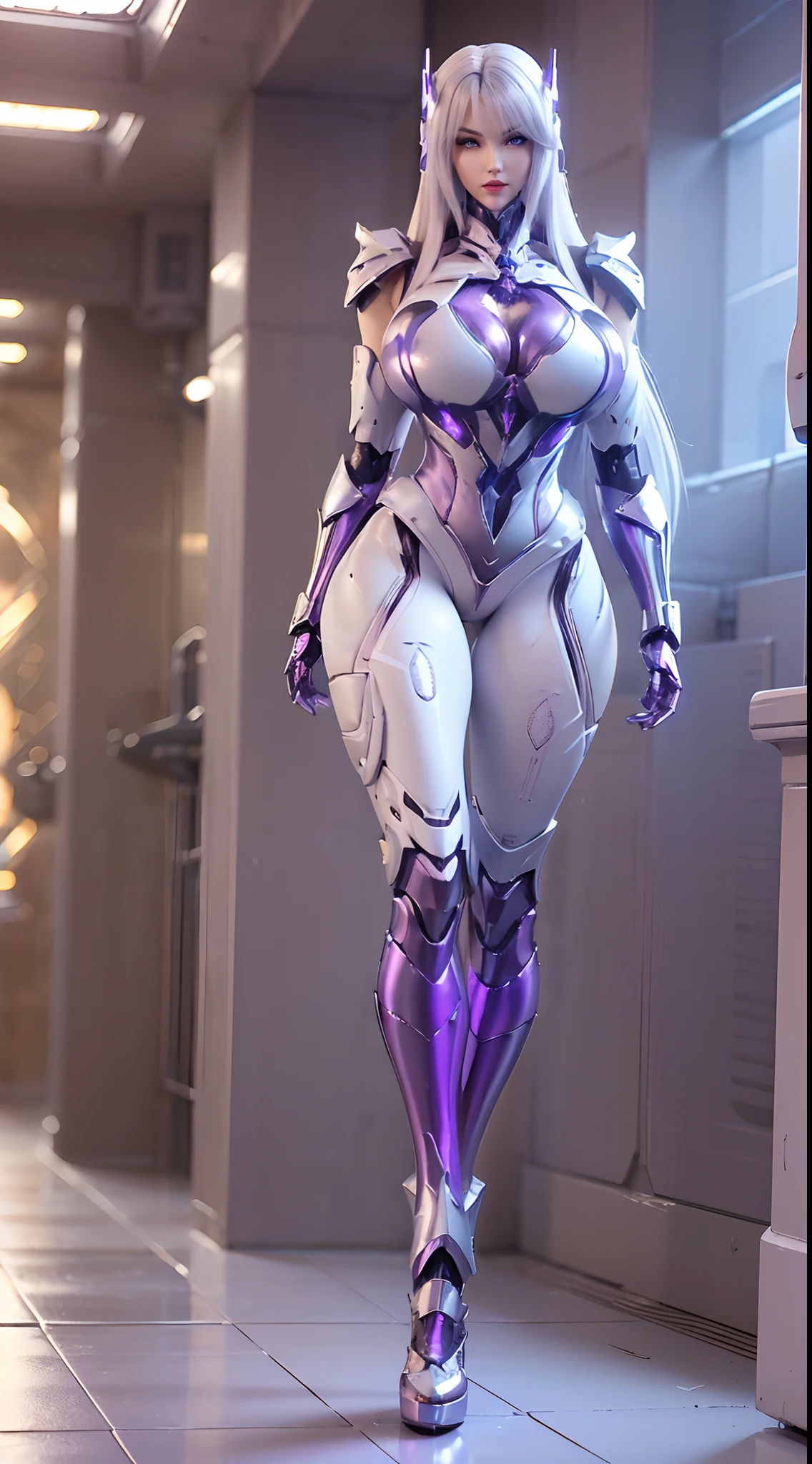 (1GIRL, ALONE, SOLO), (super detailed face), (white Long Hair:1.5), (BIG BUTTOCKS, 11 LINE ABS, HUGE BOOBS:1.5), (MECHA GUARD ARM:1.3), (PURPLE SHINY MECHA CYBER ARMORED, CLEAVAGE, MECHA SKINTIGHT SUIT PANTS, DIAMOND CORE IN ARMOR, MECHA GUARD ARMOR LEGS, HIGH HEELS:1.5), (THICC MUSCULAR BODY, SEXY LONG LEGS:1), (LOOKING AT VIEWER:1.3), (famale focus:0.886), (WALKING DOWN HALLWAY OF FUTURISTIC SPACE STATION:1), (BRIGHT LIGHTING:1.5), SUPER TEXTURE, UNREAL ENGINE RENDER, PHYSICALLY-BASED RENDERING, ULTRA HIGHT DEFINITION, 16K, 1080P.