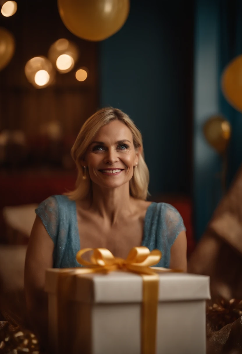 (((Female 40 years old))) (((rubia ojos azules)))Naked and smiling at a birthday party inside a very large gift box