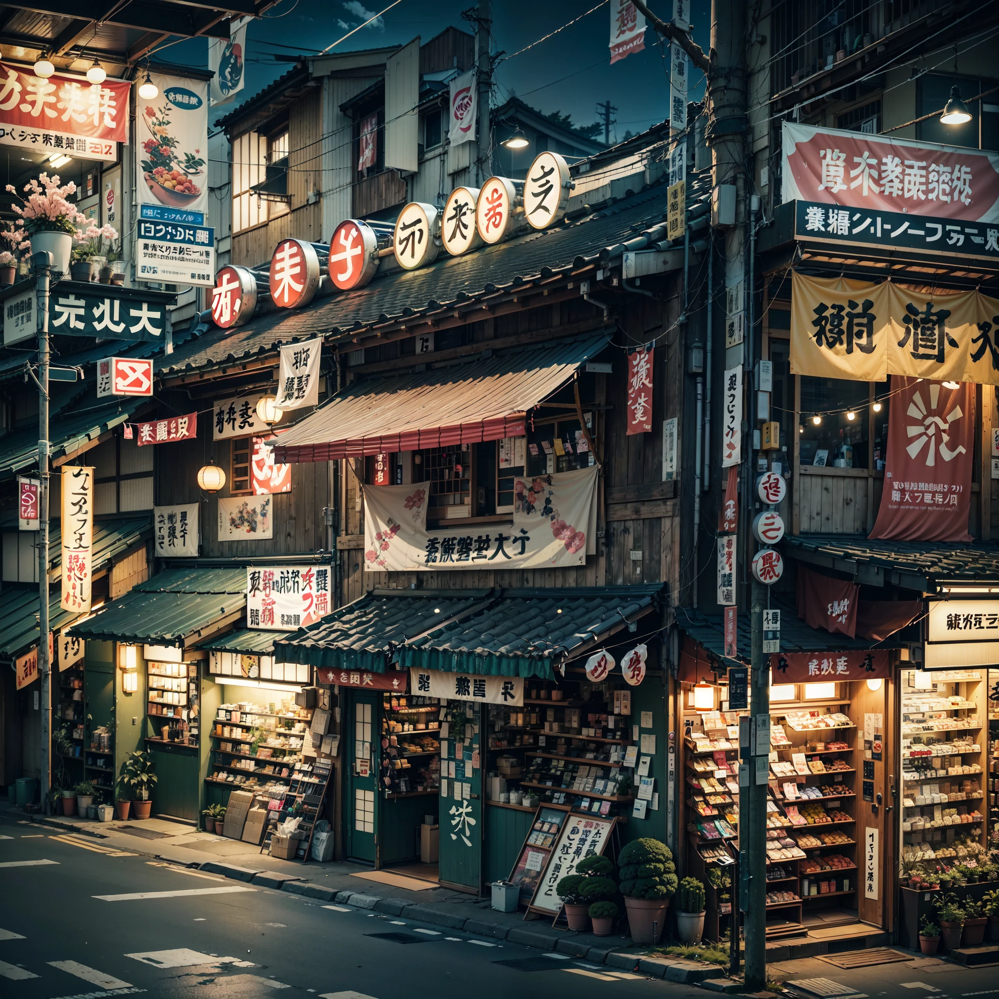 anime background, anime wallpaper, best quality, anime, anime style, anime vibe, anime scene, retro tokyo shop, 80s style japanese retro shop, shop on the side of a road where the road is overlooking the city, japan, nighttime, night time, night, dark, scene lit up from the shop, big retro japanese shop signs, japanese shop banners, japanese billboards, japanese shop signs, japanese signs, japanese banners, banners, plant pots, trash cans, air vents, gutters, telephone wires, wires, cables, air ventilation systems, (no one: 1), no one in sight, empty scene
