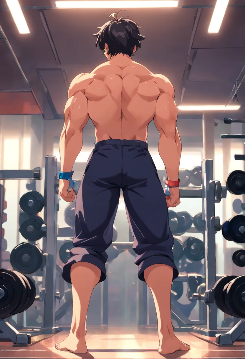 ((((Yuijiro Hanma))), Masculino, cabelos vermelhos, black pant, demon back, costas extremamente musculosas e definidas, foco em suas costas, in a bodybuilding gym, anime, Baba,