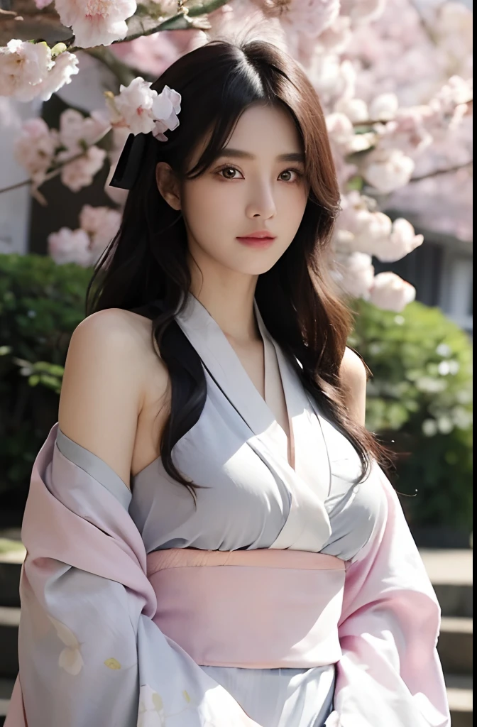 (Top image quality、8K、masuter piece:1.3))、(Realistic:1.2)、(1girl in)、28 year old、Cherry blossoms and roses around、Shoulders are protruding、（Colossal tits）、body with constriction、(Deities々Bright and high-class kimono:1.2)、(rubbing eyes)、sleepy、Get up from the futon、long kimono、(花魁:1.3)、Straight black hair、Delicat eyes、二重まぶた、Soft breasts、delicated face、morning、full body Esbian