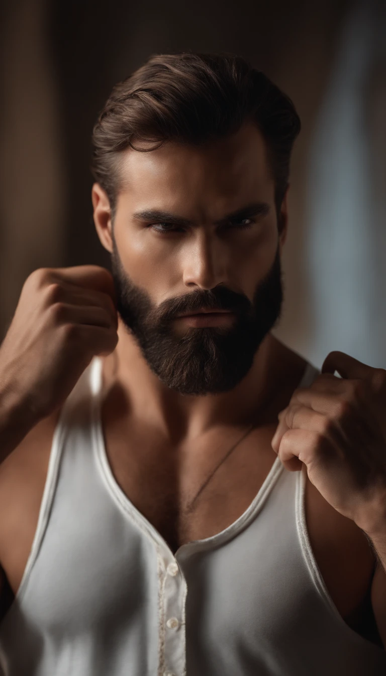 (the best quality,8k,Realstic),bel homme,Barbe abondante,macho,yeux bleus,cheveux bruns,bons muscles,corps entier,sur la chemise